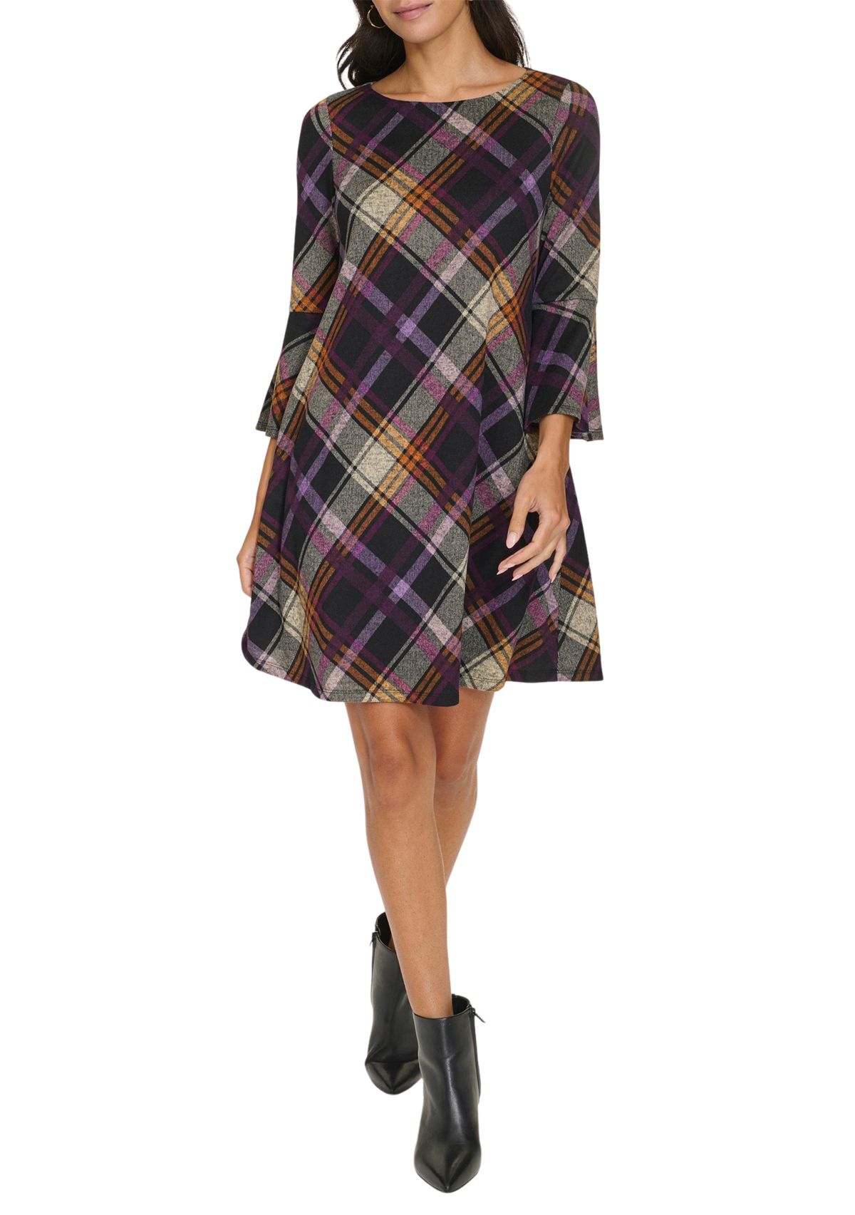Womens 3/4 Bell Sleeve Wide Neck Plaid A-Line Dress