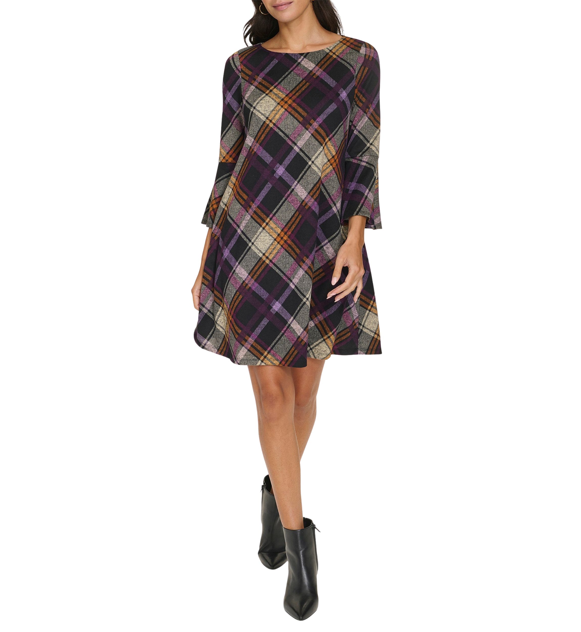 Womens 3/4 Bell Sleeve Wide Neck Plaid A-Line Dress