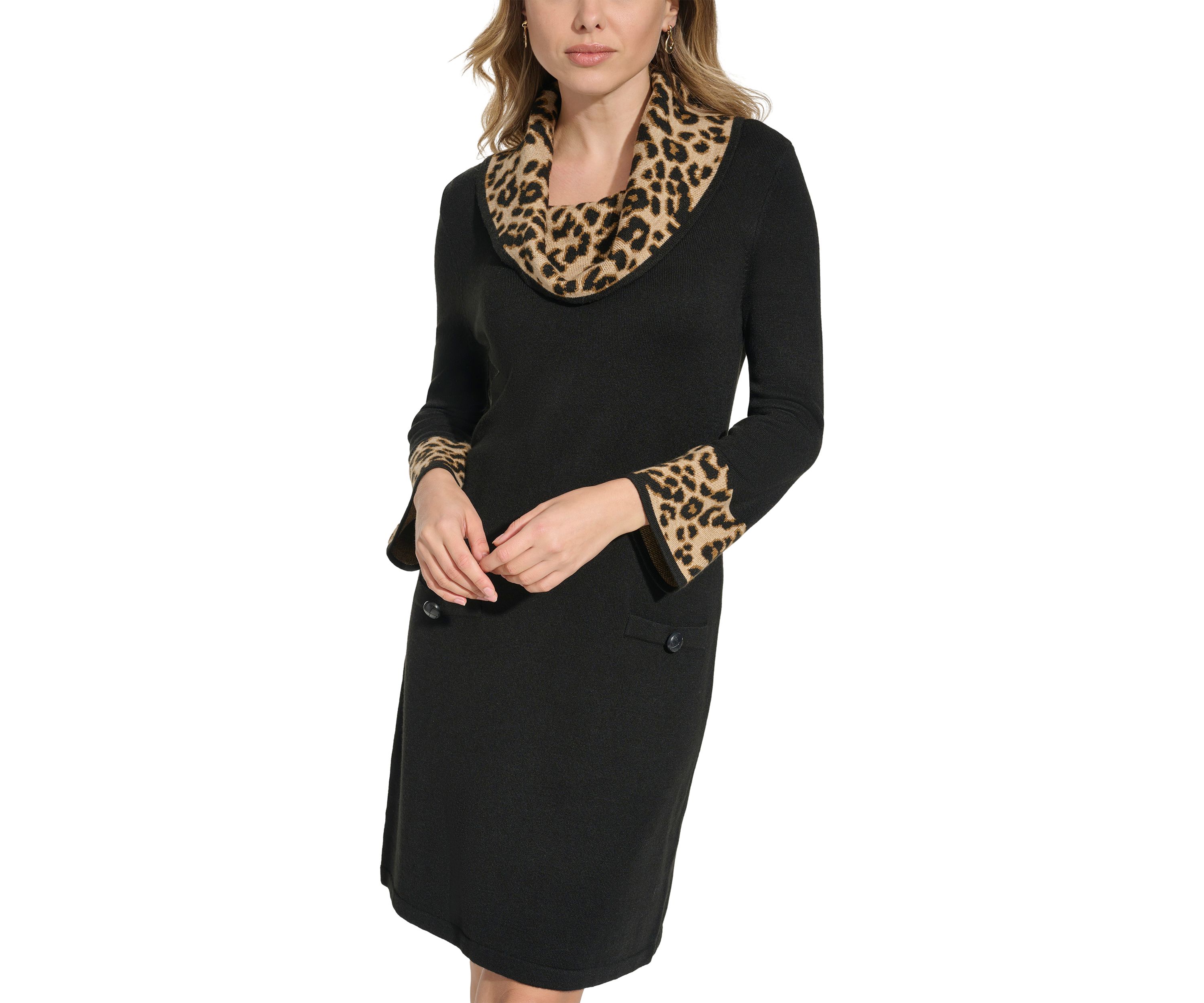 Womens 3/4 Sleeve Cowl Neck Animal Print A-Line Dress