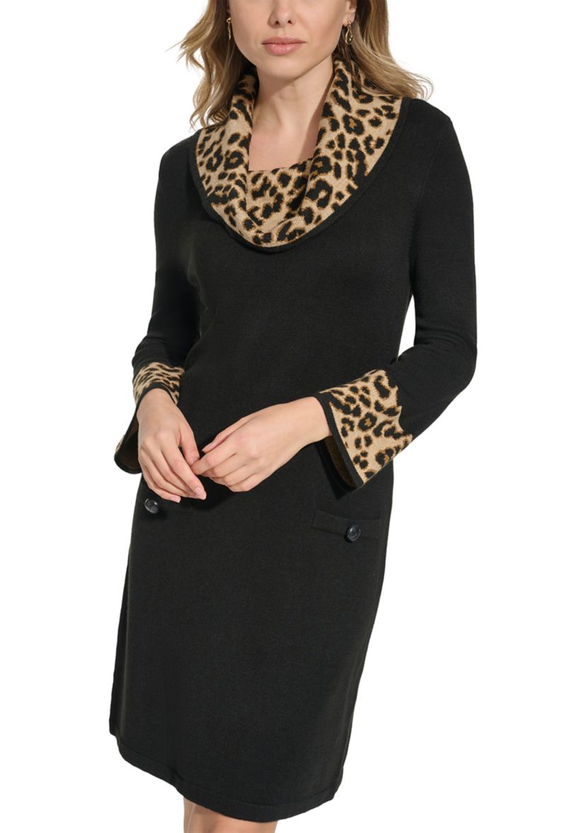 Womens 3/4 Sleeve Cowl Neck Animal Print A-Line Dress