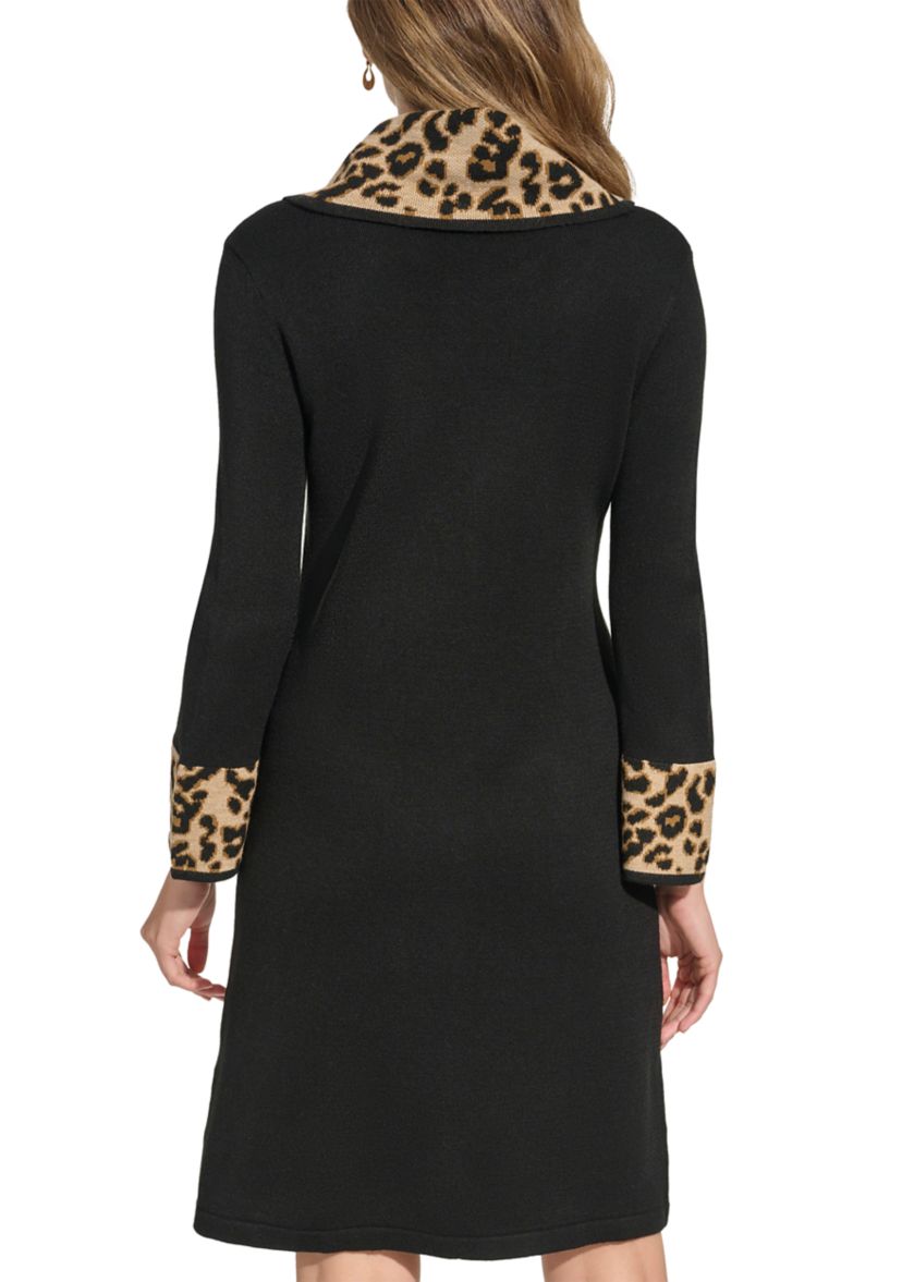 Womens 3/4 Sleeve Cowl Neck Animal Print A-Line Dress
