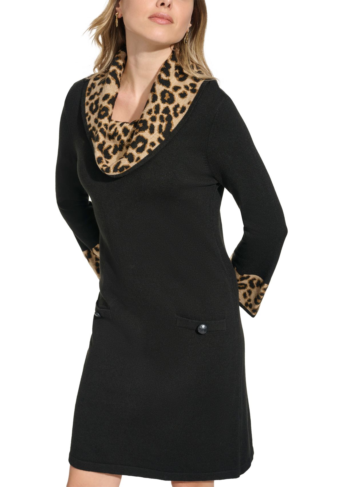 Womens 3/4 Sleeve Cowl Neck Animal Print A-Line Dress