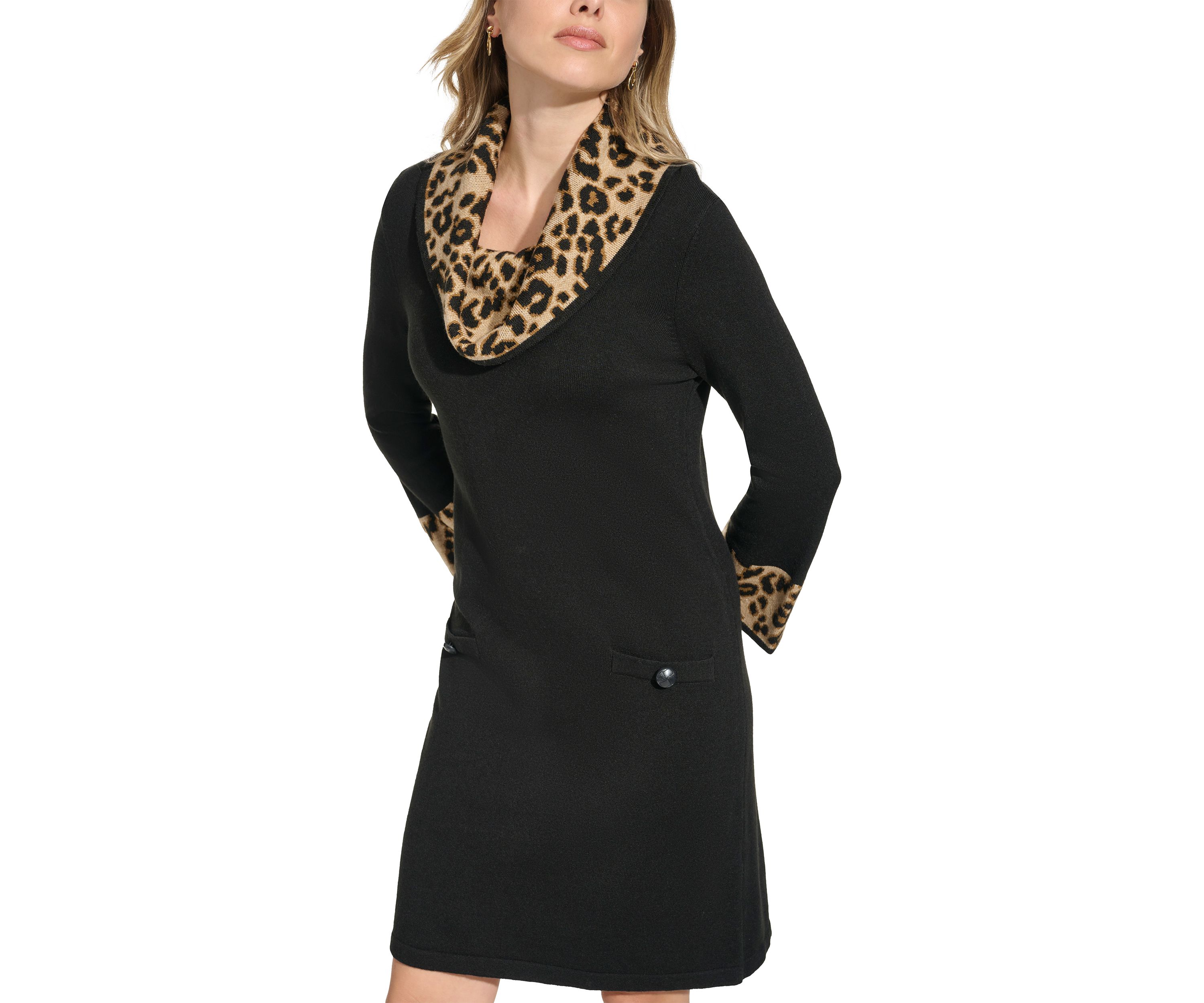 Womens 3/4 Sleeve Cowl Neck Animal Print A-Line Dress