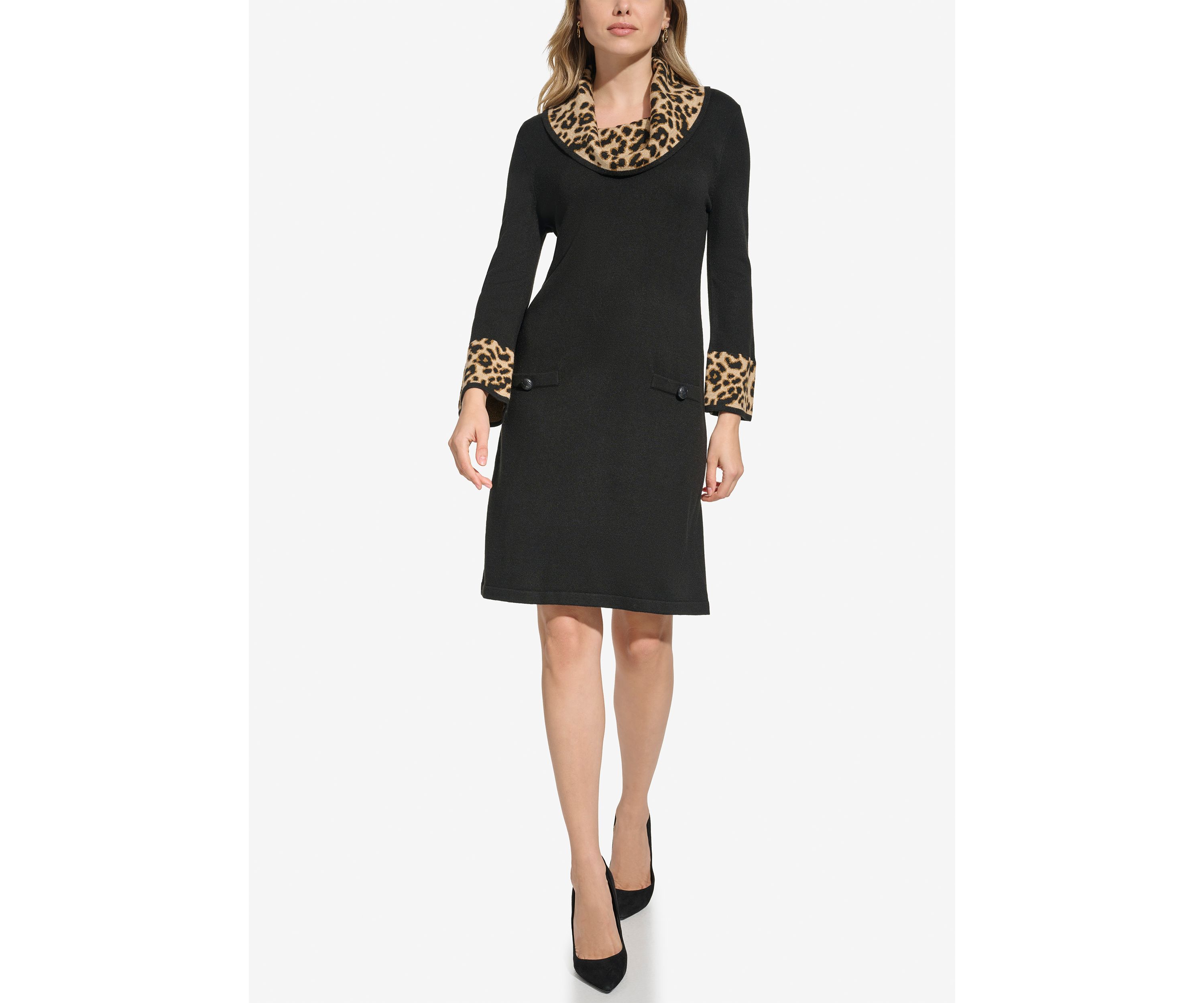 Womens 3/4 Sleeve Cowl Neck Animal Print A-Line Dress
