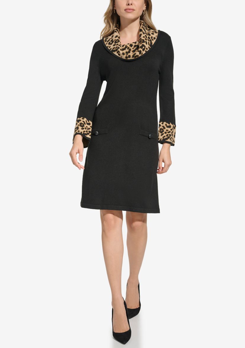 Womens 3/4 Sleeve Cowl Neck Animal Print A-Line Dress