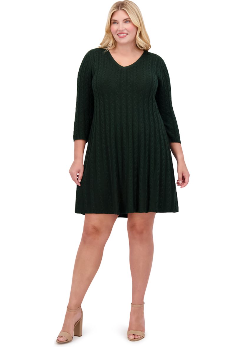 Plus Size 3/4 Sleeve V-Neck Solid Knit Sweater A-Line Dress