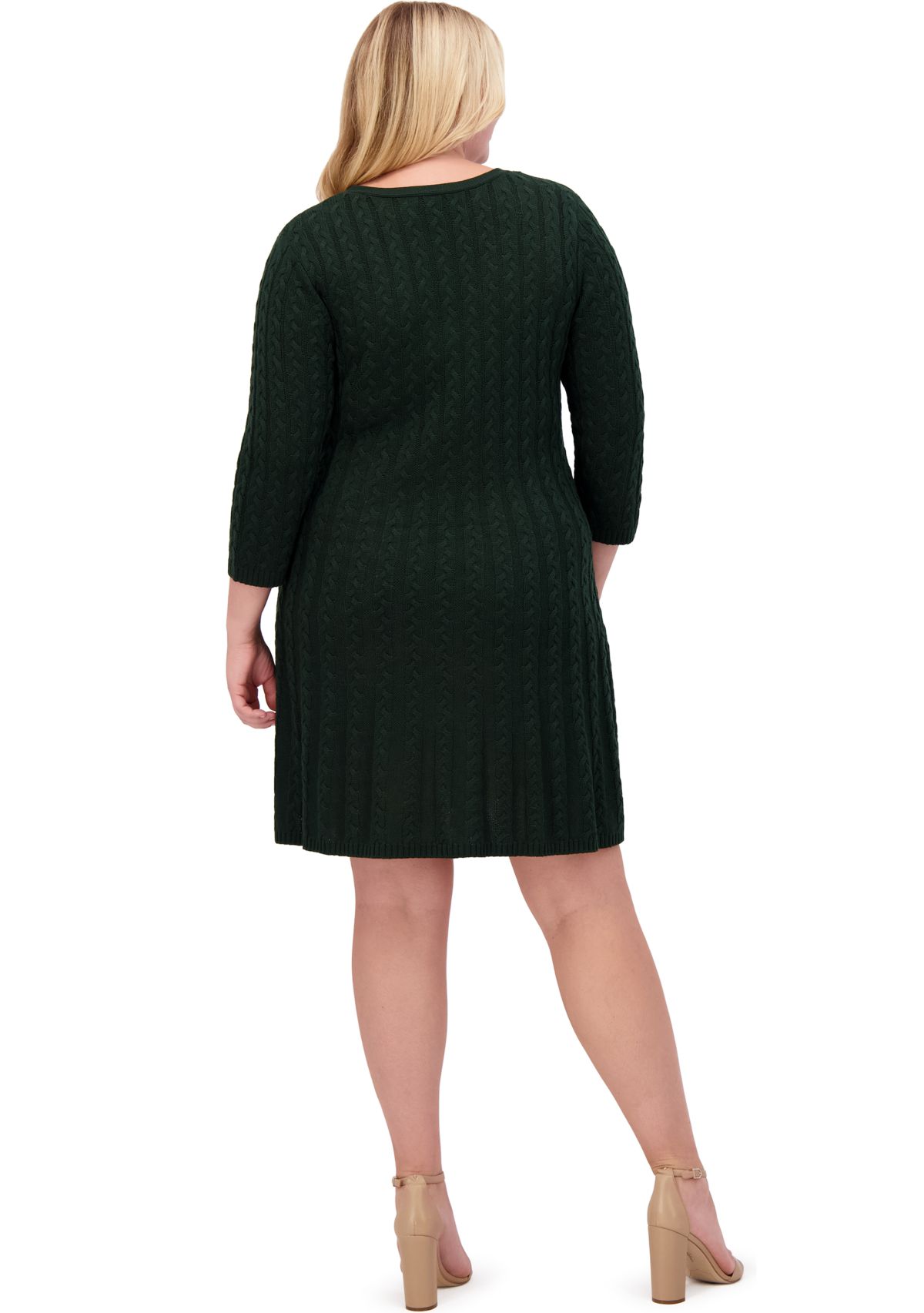 Plus Size 3/4 Sleeve V-Neck Solid Knit Sweater A-Line Dress