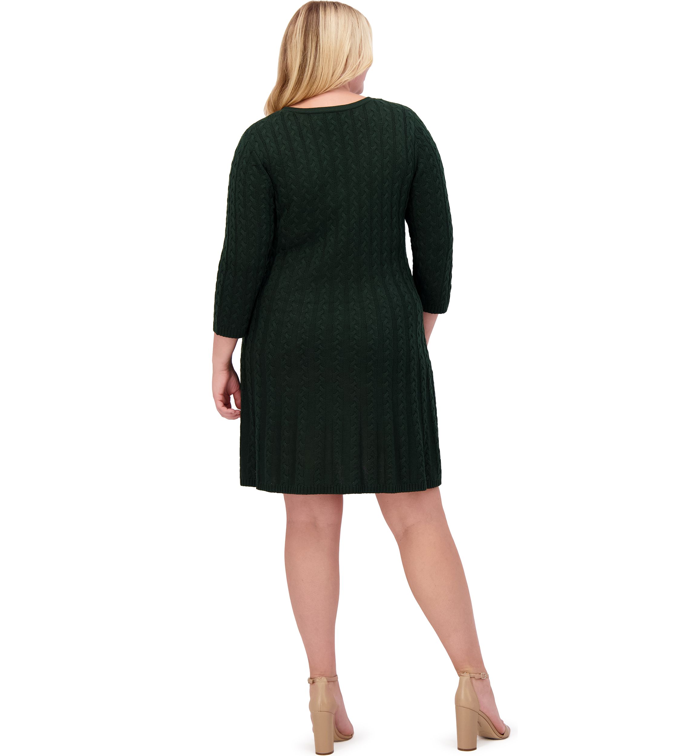 Plus Size 3/4 Sleeve V-Neck Solid Knit Sweater A-Line Dress