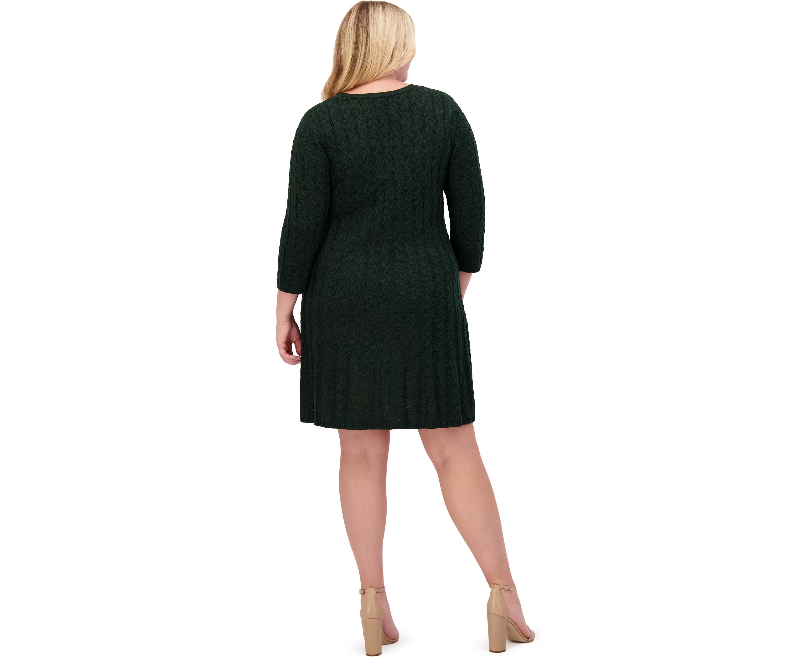 Plus Size 3/4 Sleeve V-Neck Solid Knit Sweater A-Line Dress