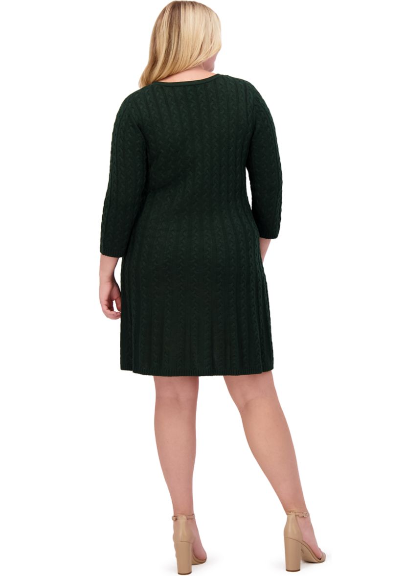 Plus Size 3/4 Sleeve V-Neck Solid Knit Sweater A-Line Dress