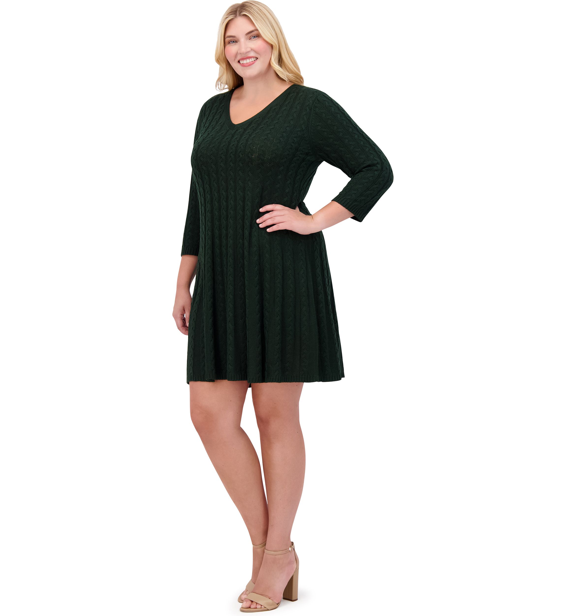 Plus Size 3/4 Sleeve V-Neck Solid Knit Sweater A-Line Dress