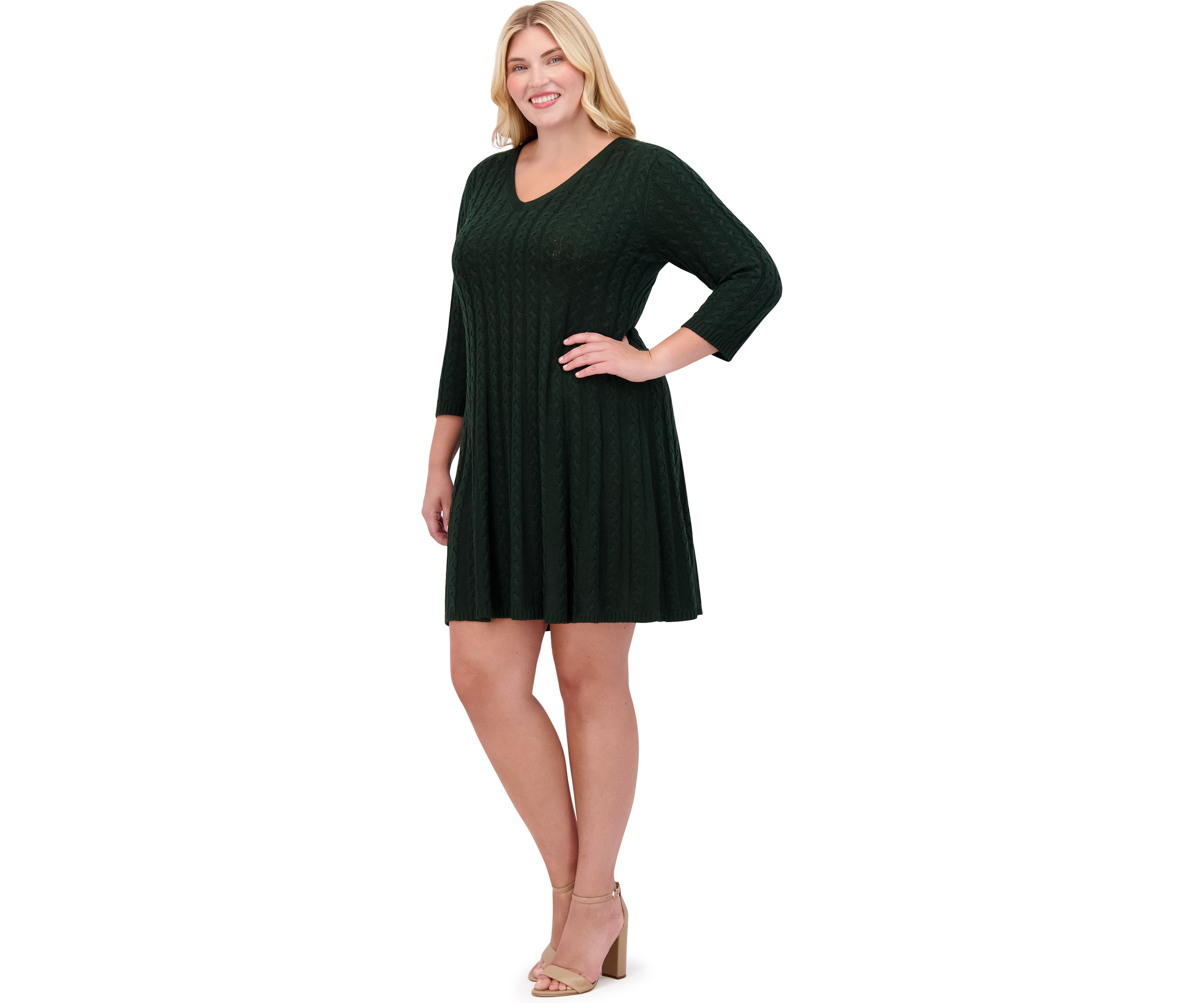 Plus Size 3/4 Sleeve V-Neck Solid Knit Sweater A-Line Dress