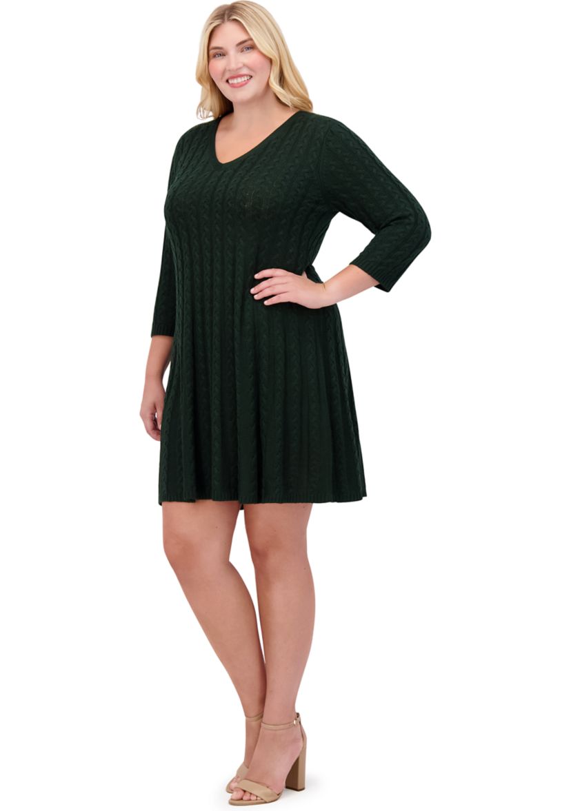 Plus Size 3/4 Sleeve V-Neck Solid Knit Sweater A-Line Dress