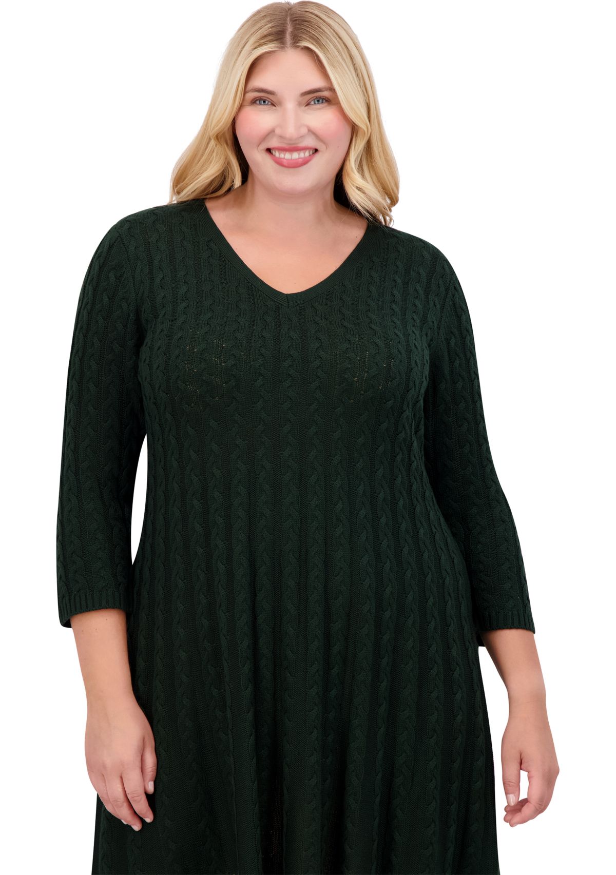 Plus Size 3/4 Sleeve V-Neck Solid Knit Sweater A-Line Dress