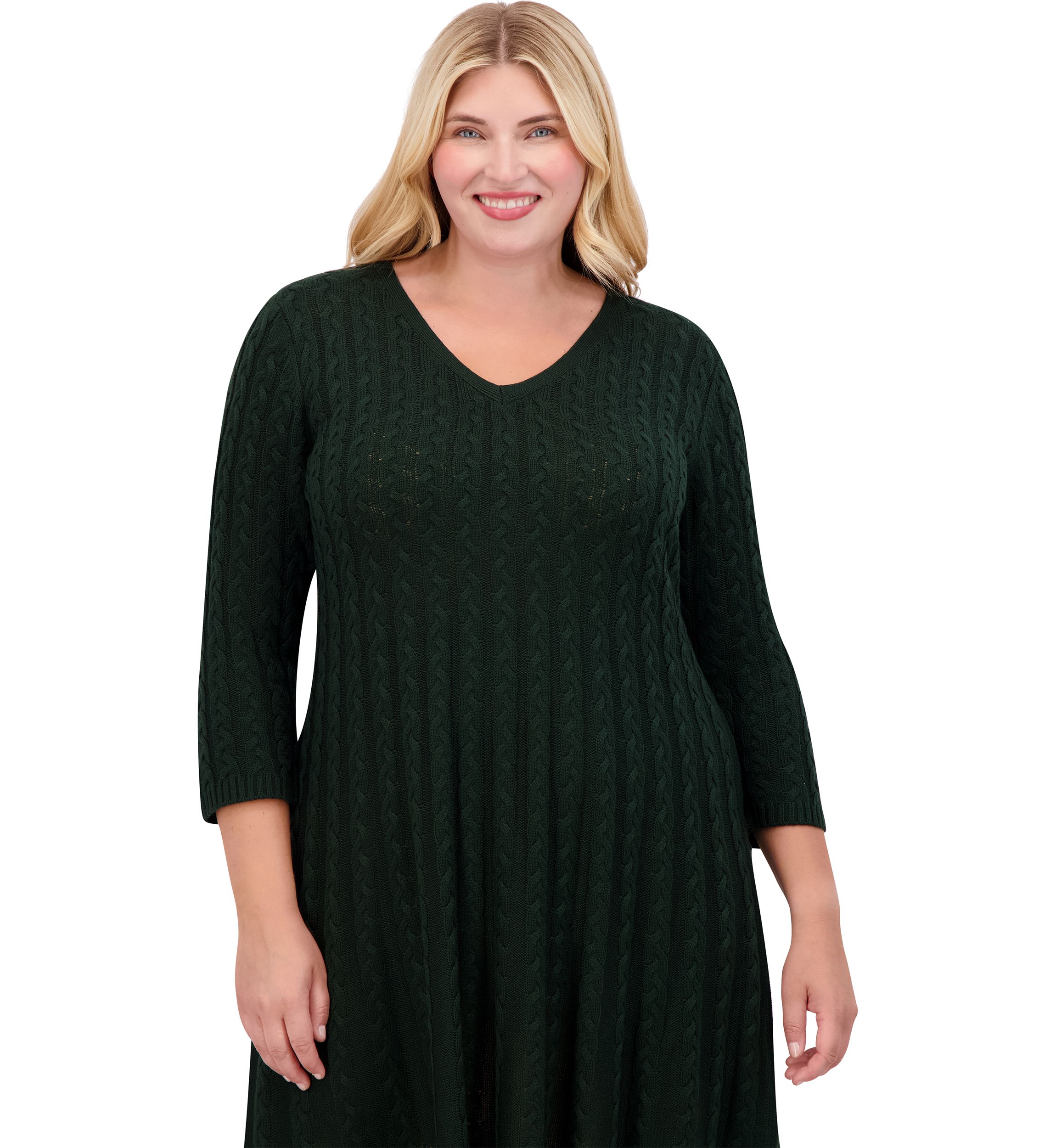 Plus Size 3/4 Sleeve V-Neck Solid Knit Sweater A-Line Dress