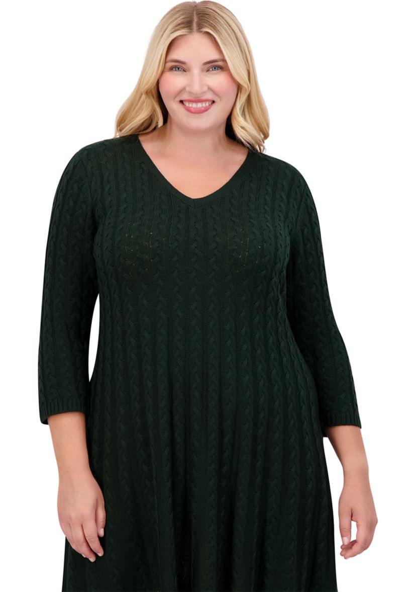 Plus Size 3/4 Sleeve V-Neck Solid Knit Sweater A-Line Dress
