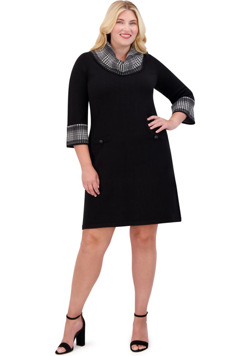 Plus Size 3/4 Sleeve V-Neck Solid Knit Sweater A-Line Dress