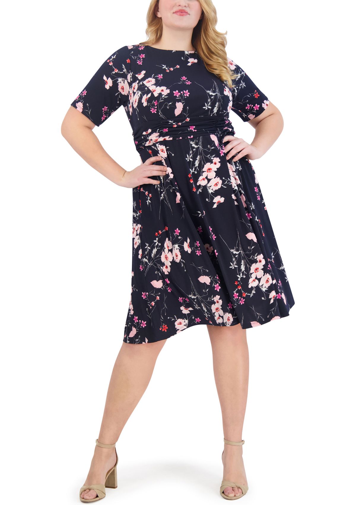Plus Size Elbow Sleeve Boat Neck Floral Fit and Flare Dress