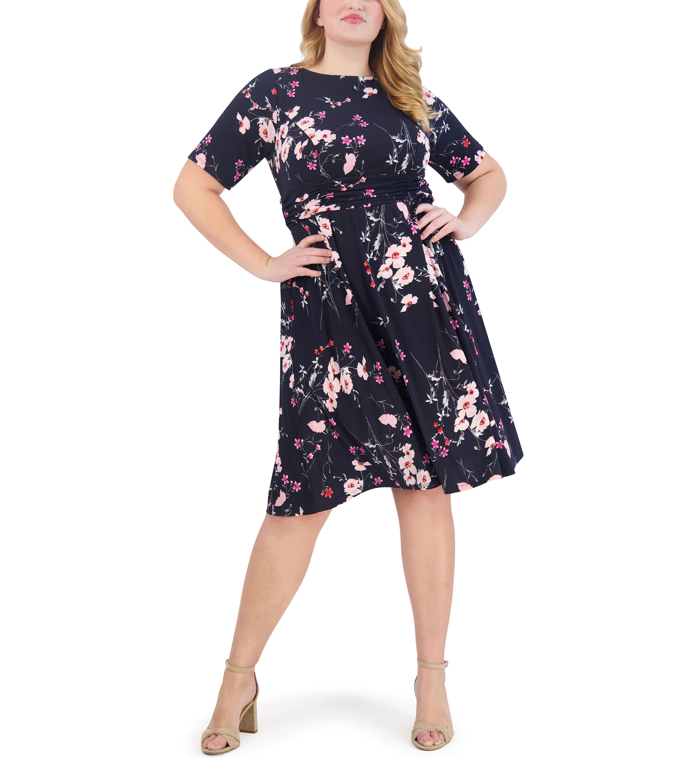 Plus Size Elbow Sleeve Boat Neck Floral Fit and Flare Dress