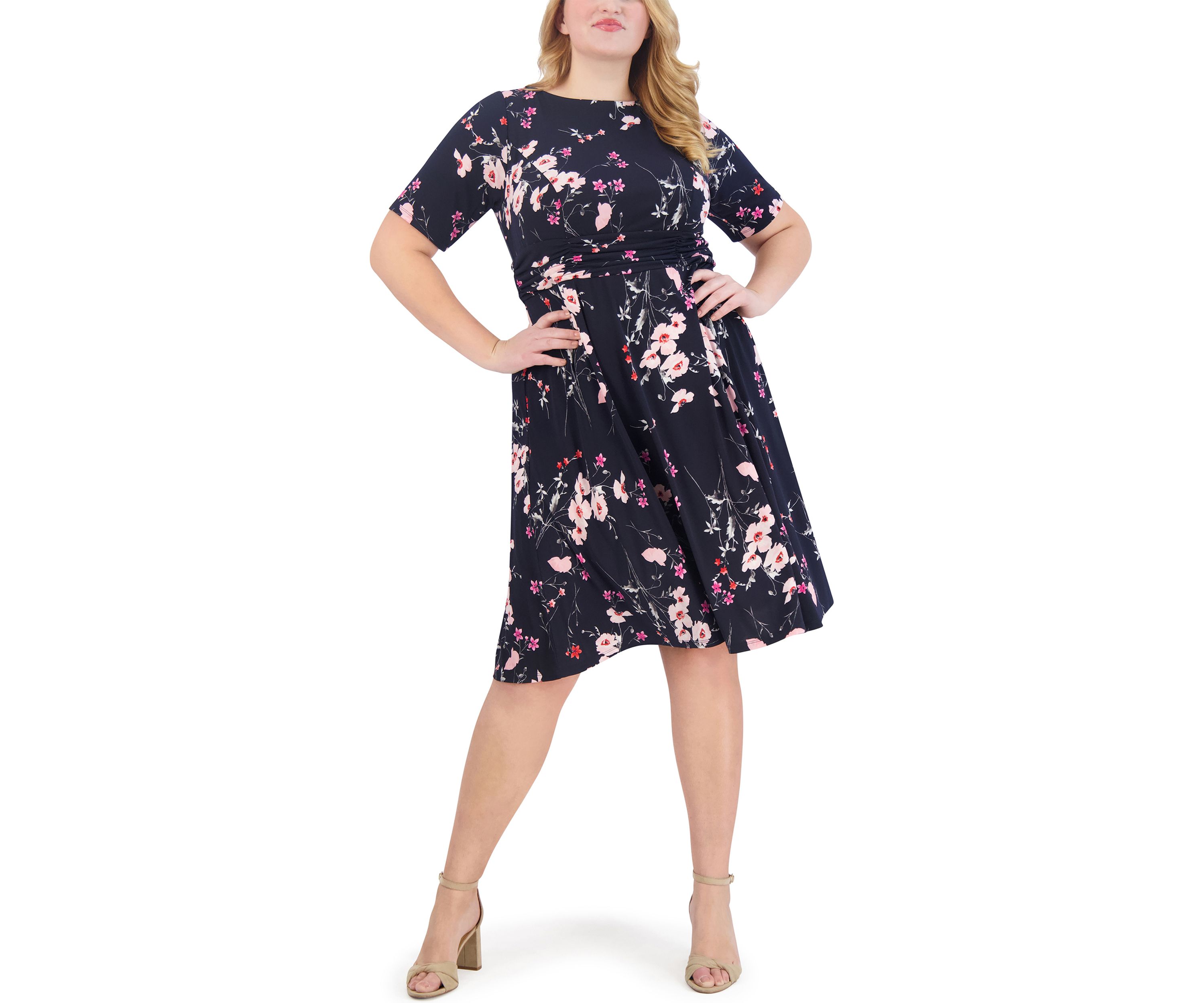 Plus Size Elbow Sleeve Boat Neck Floral Fit and Flare Dress