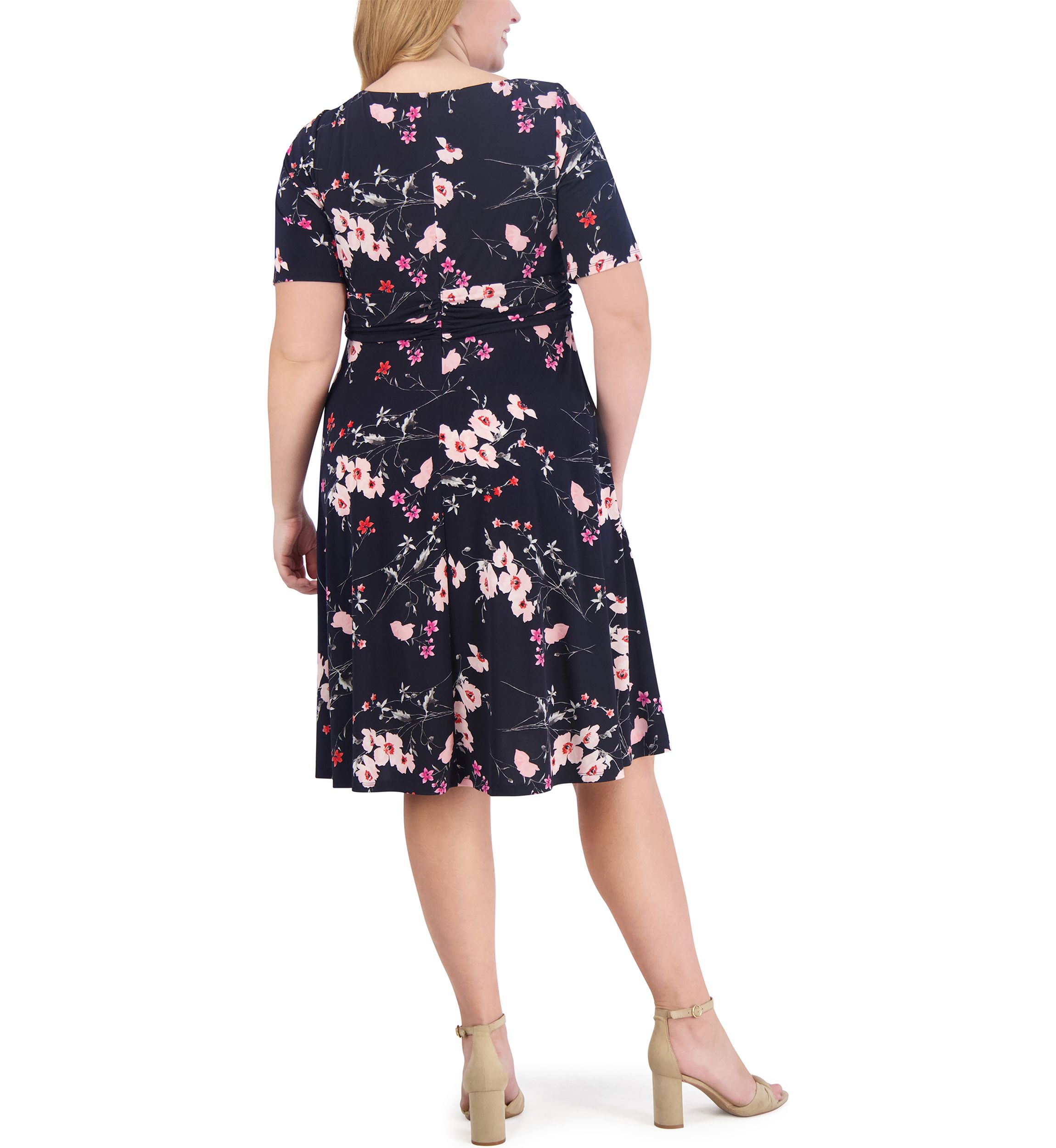 Plus Size Elbow Sleeve Boat Neck Floral Fit and Flare Dress
