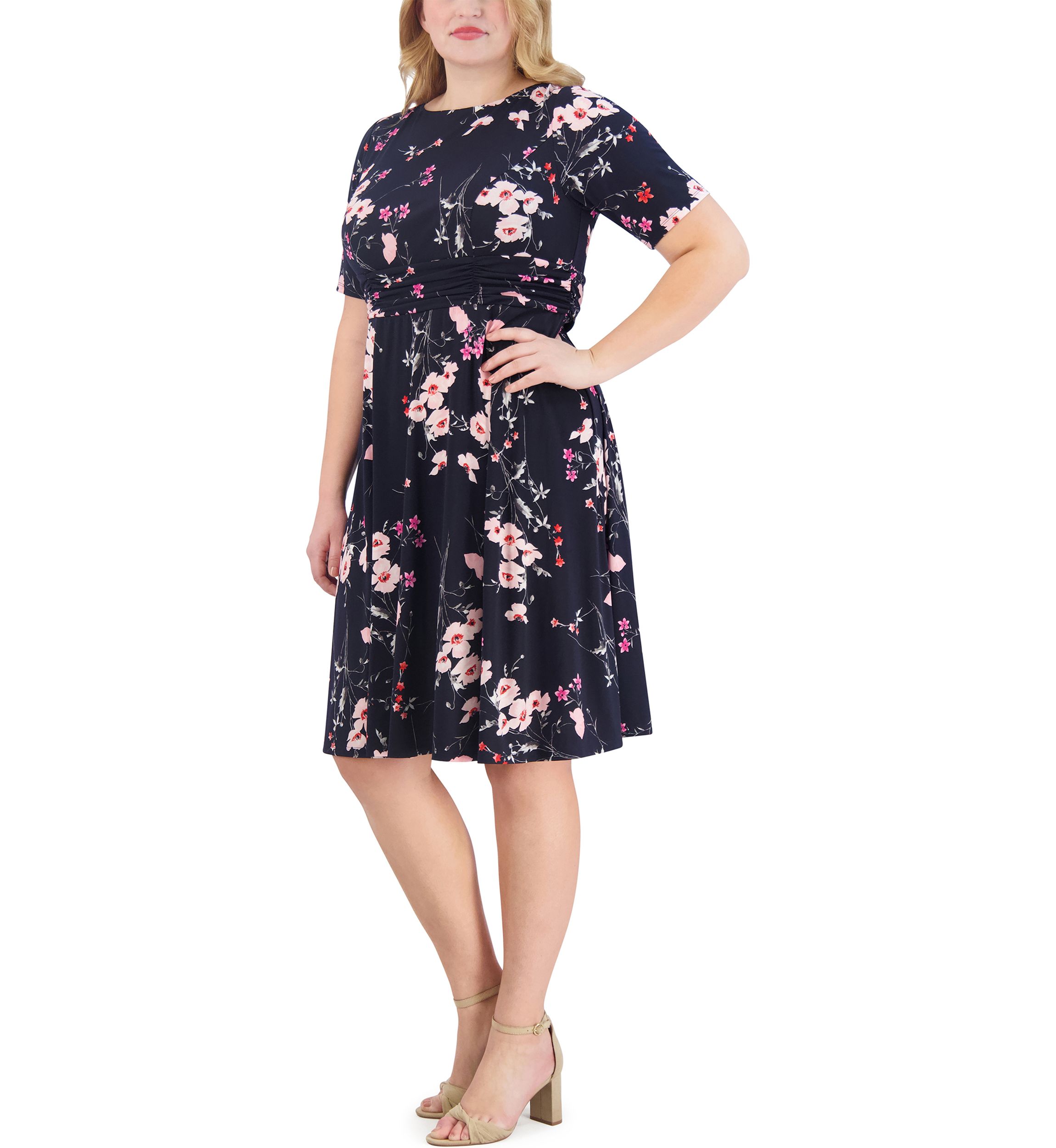 Plus Size Elbow Sleeve Boat Neck Floral Fit and Flare Dress