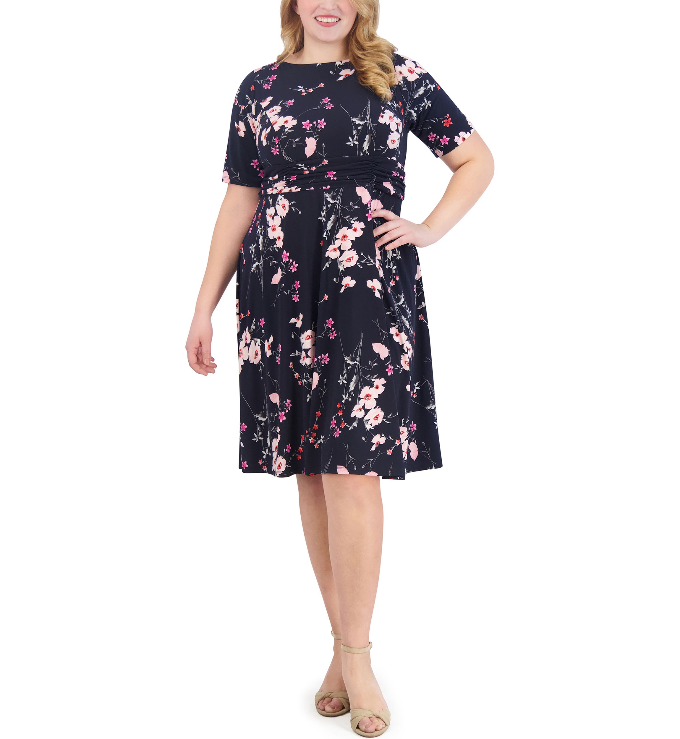 Plus Size Elbow Sleeve Boat Neck Floral Fit and Flare Dress