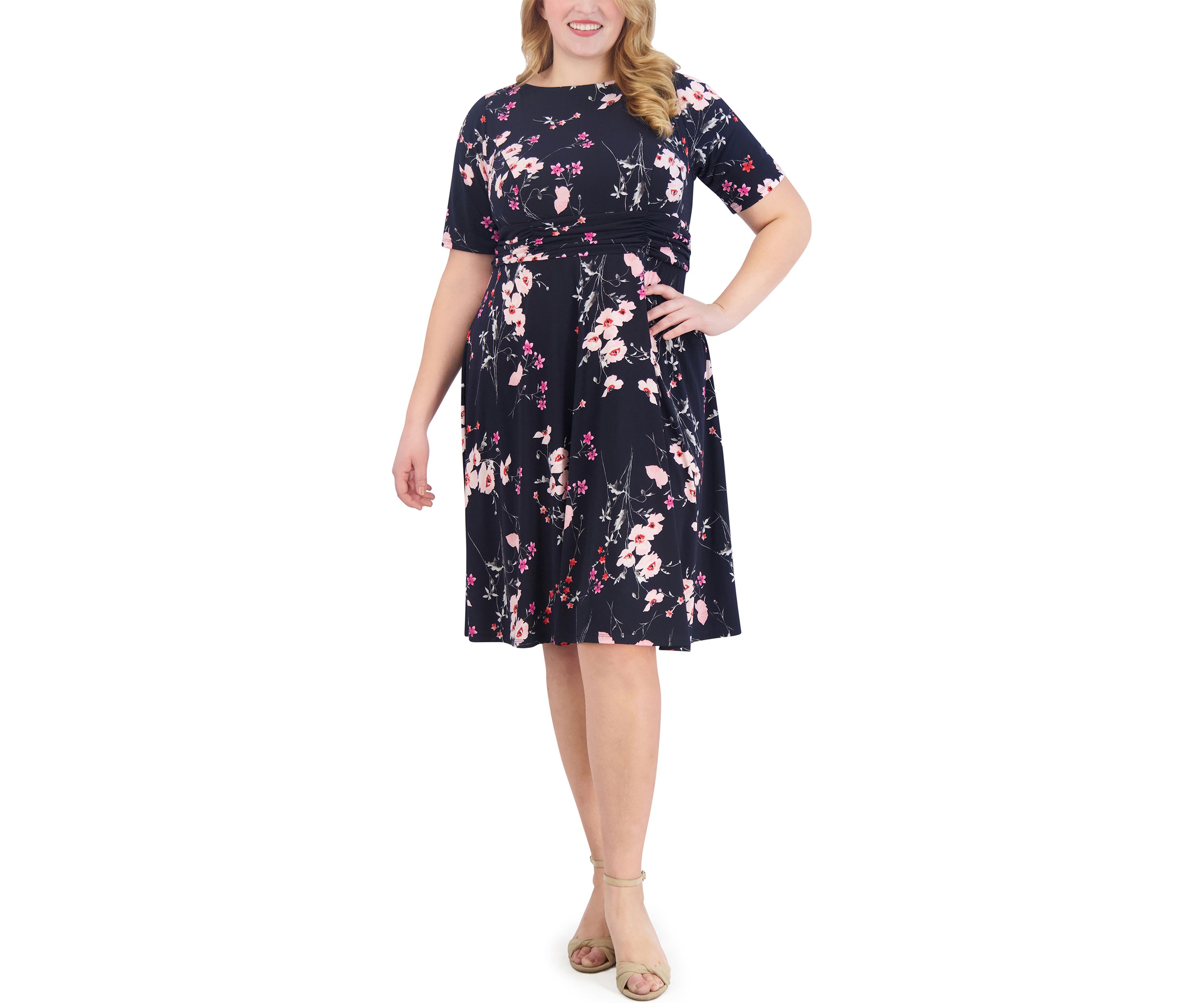 Plus Size Elbow Sleeve Boat Neck Floral Fit and Flare Dress