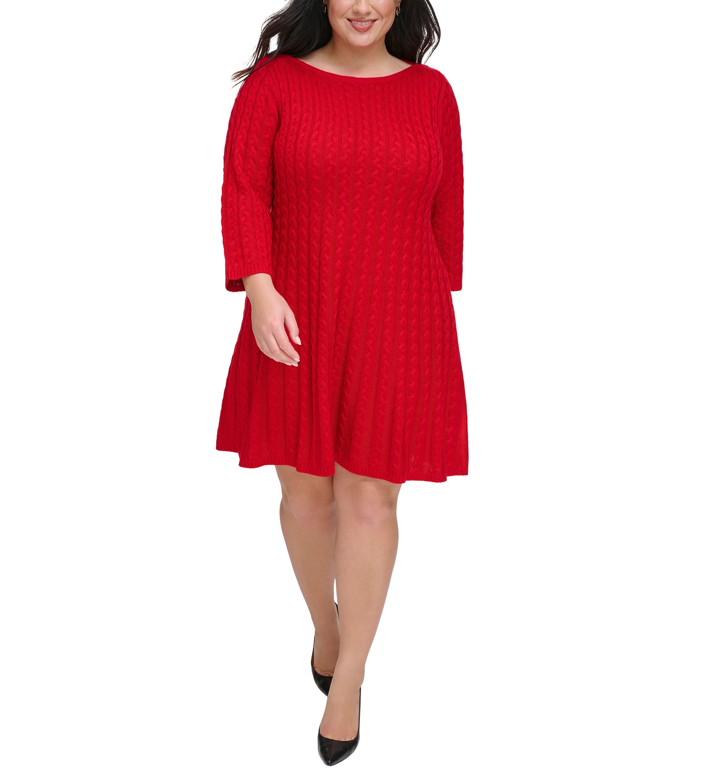 Plus Size 3/4 Sleeve Solid Knit A-Line Sweater Dress