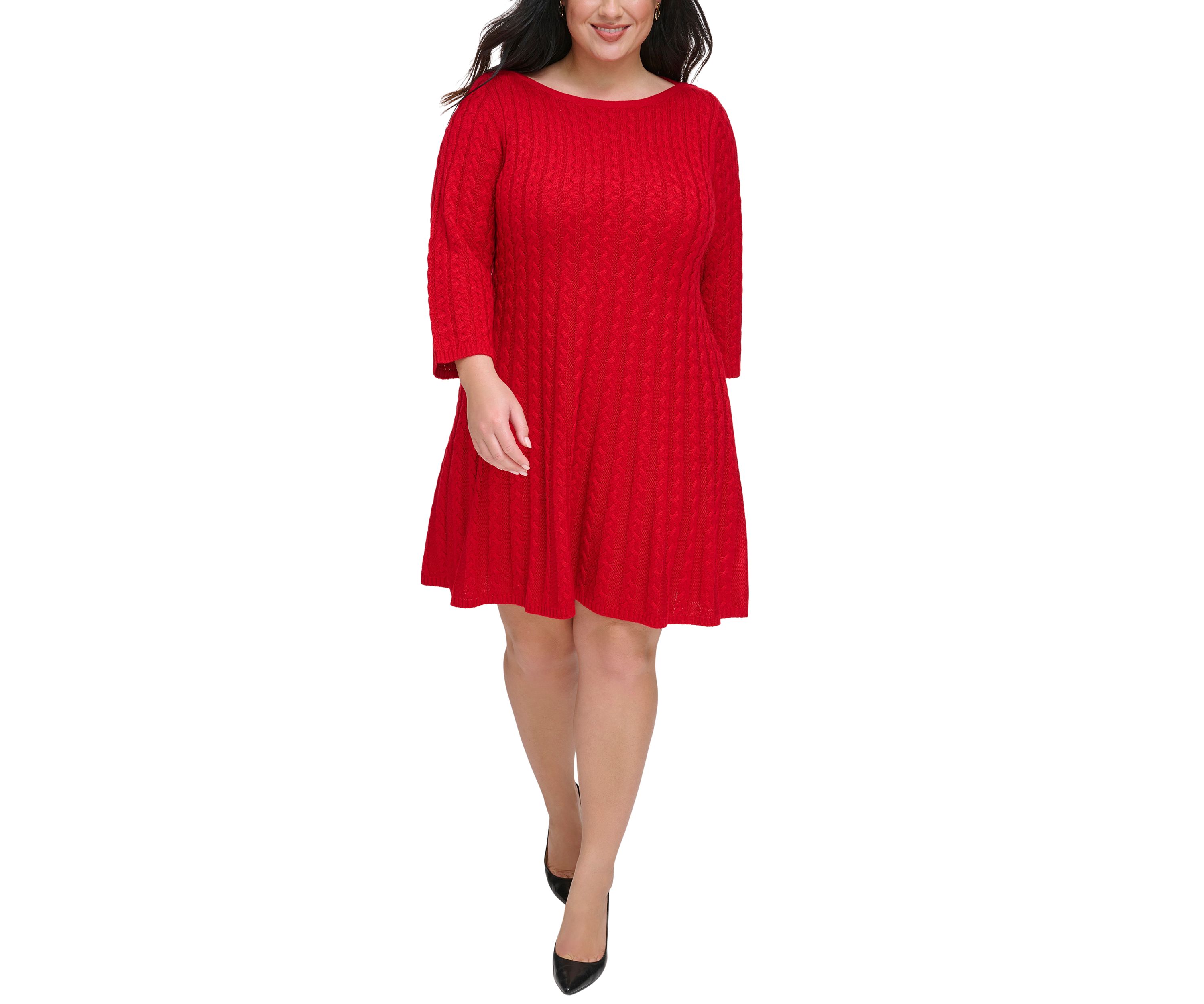 Plus Size 3/4 Sleeve Solid Knit A-Line Sweater Dress