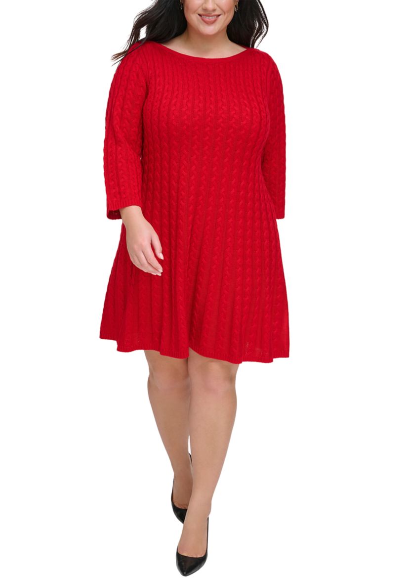 Plus Size 3/4 Sleeve Solid Knit A-Line Sweater Dress
