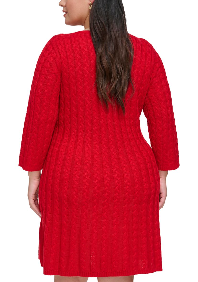 Plus Size 3/4 Sleeve Solid Knit A-Line Sweater Dress