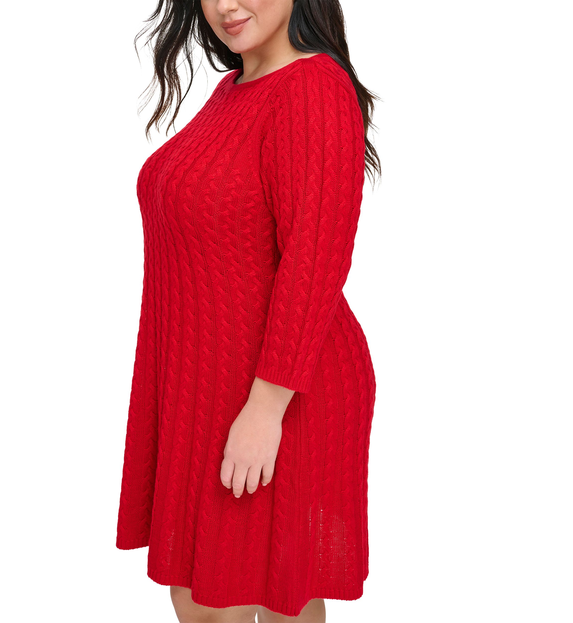 Plus Size 3/4 Sleeve Solid Knit A-Line Sweater Dress