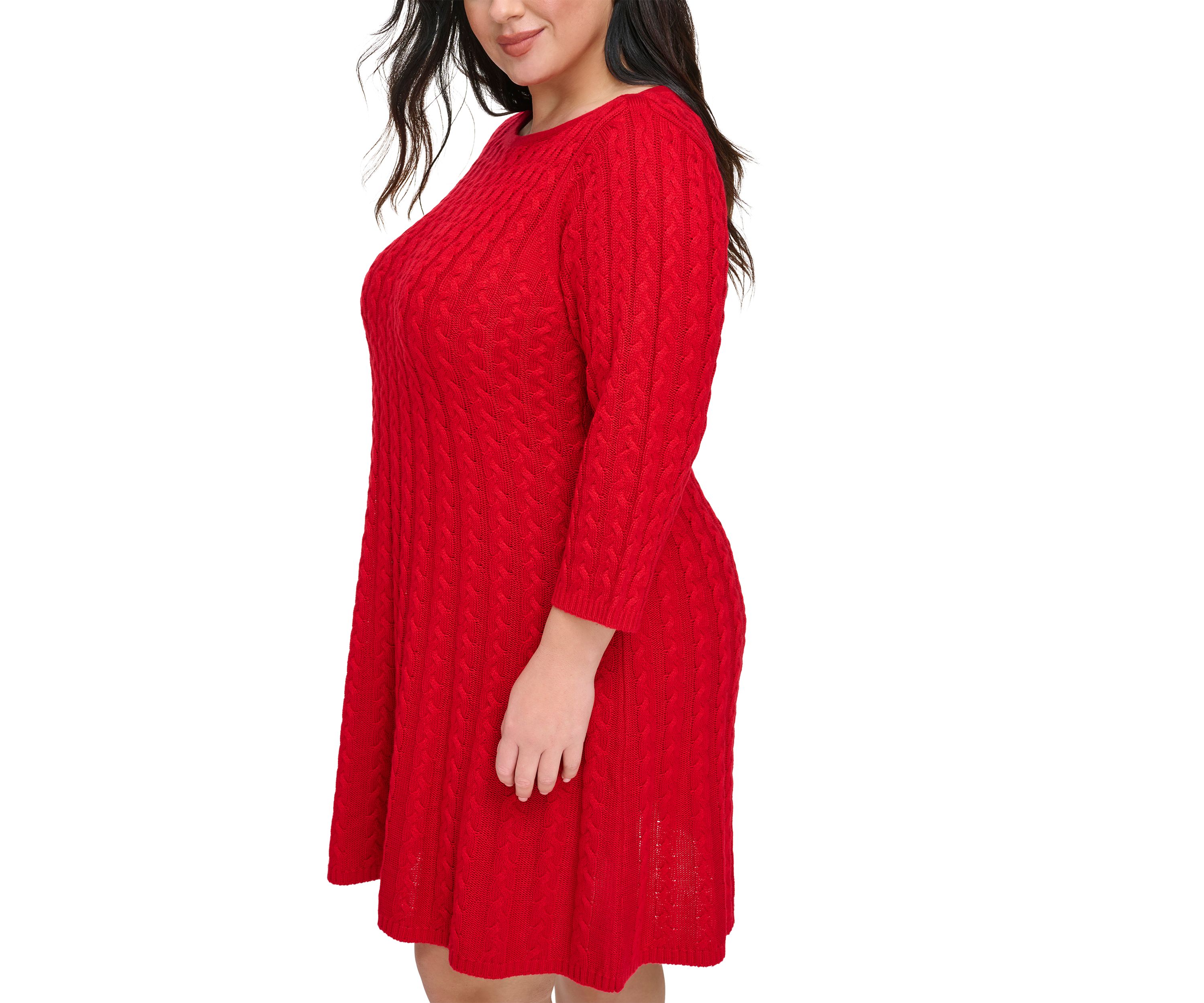 Plus Size 3/4 Sleeve Solid Knit A-Line Sweater Dress