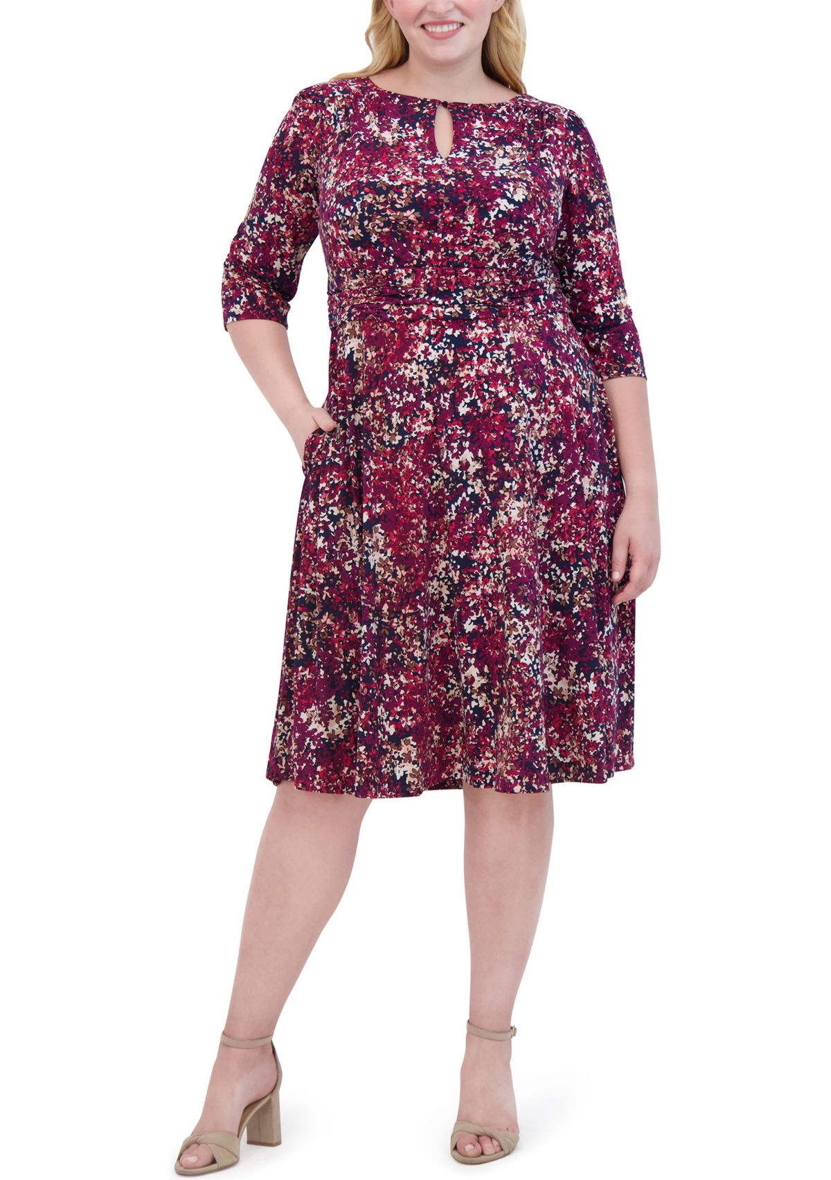 Plus Size Ruched Sleeve Printed Keyhole Dress
