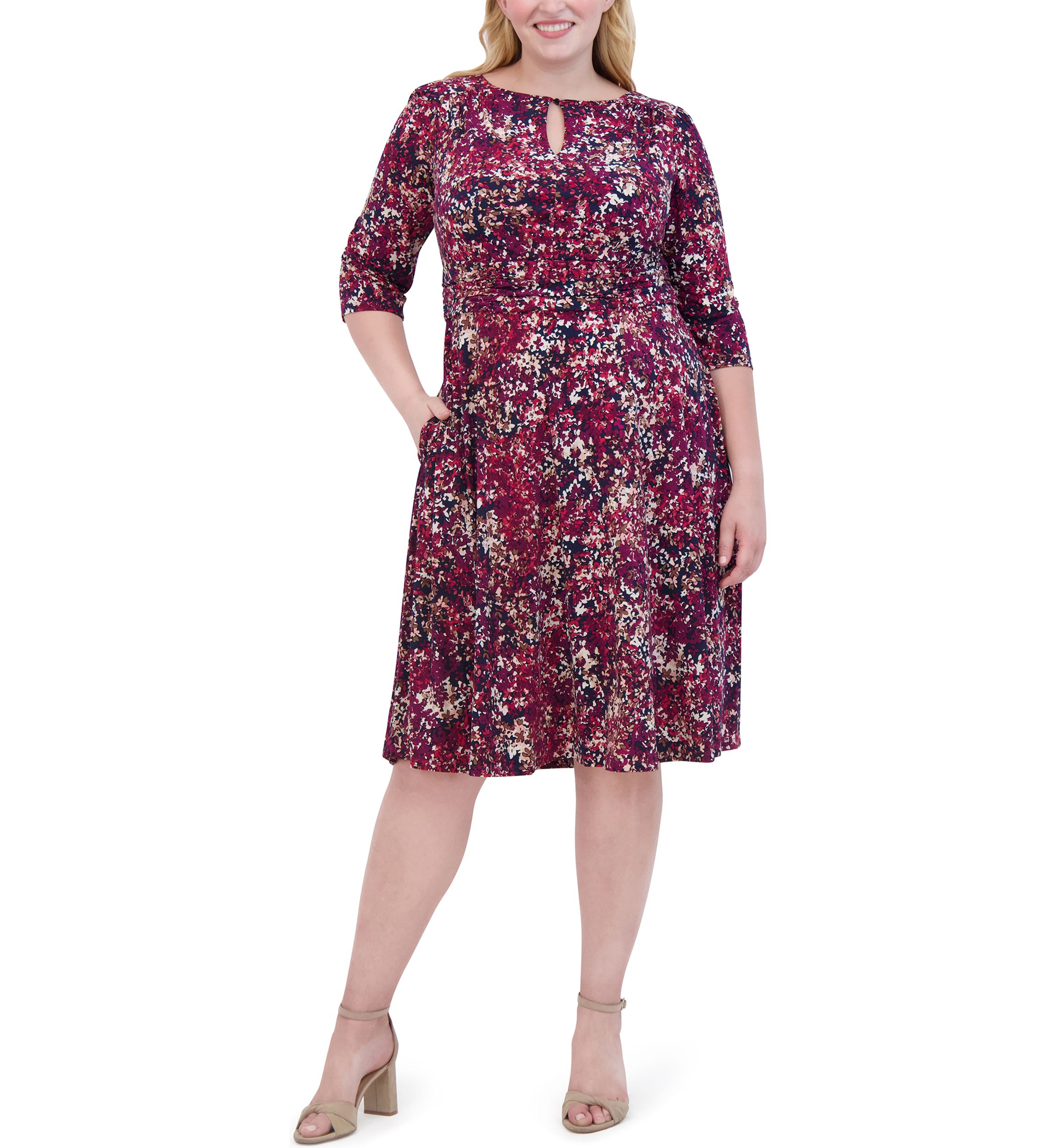 Plus Size Ruched Sleeve Printed Keyhole Dress