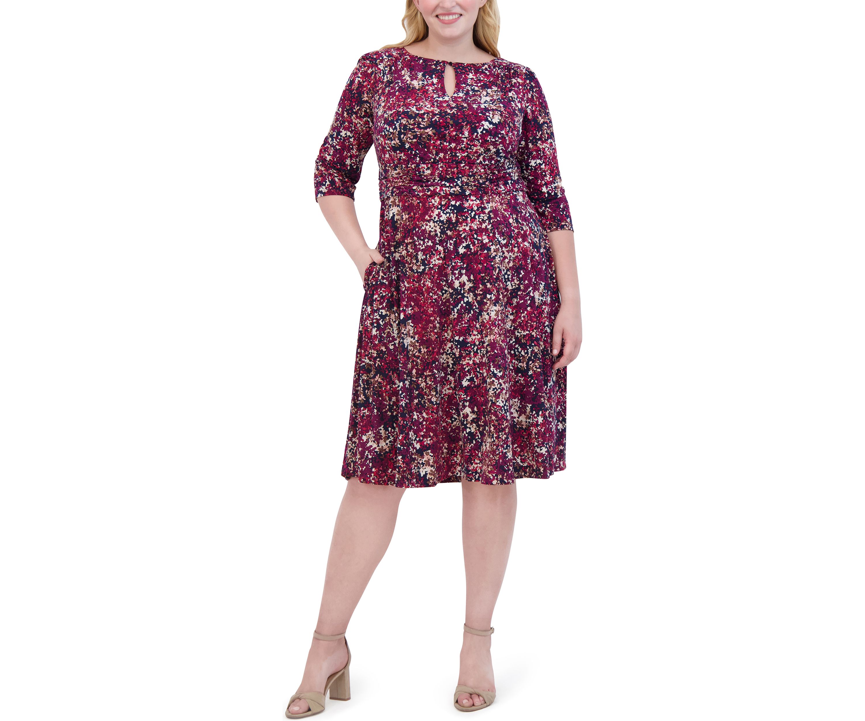 Plus Size Ruched Sleeve Printed Keyhole Dress