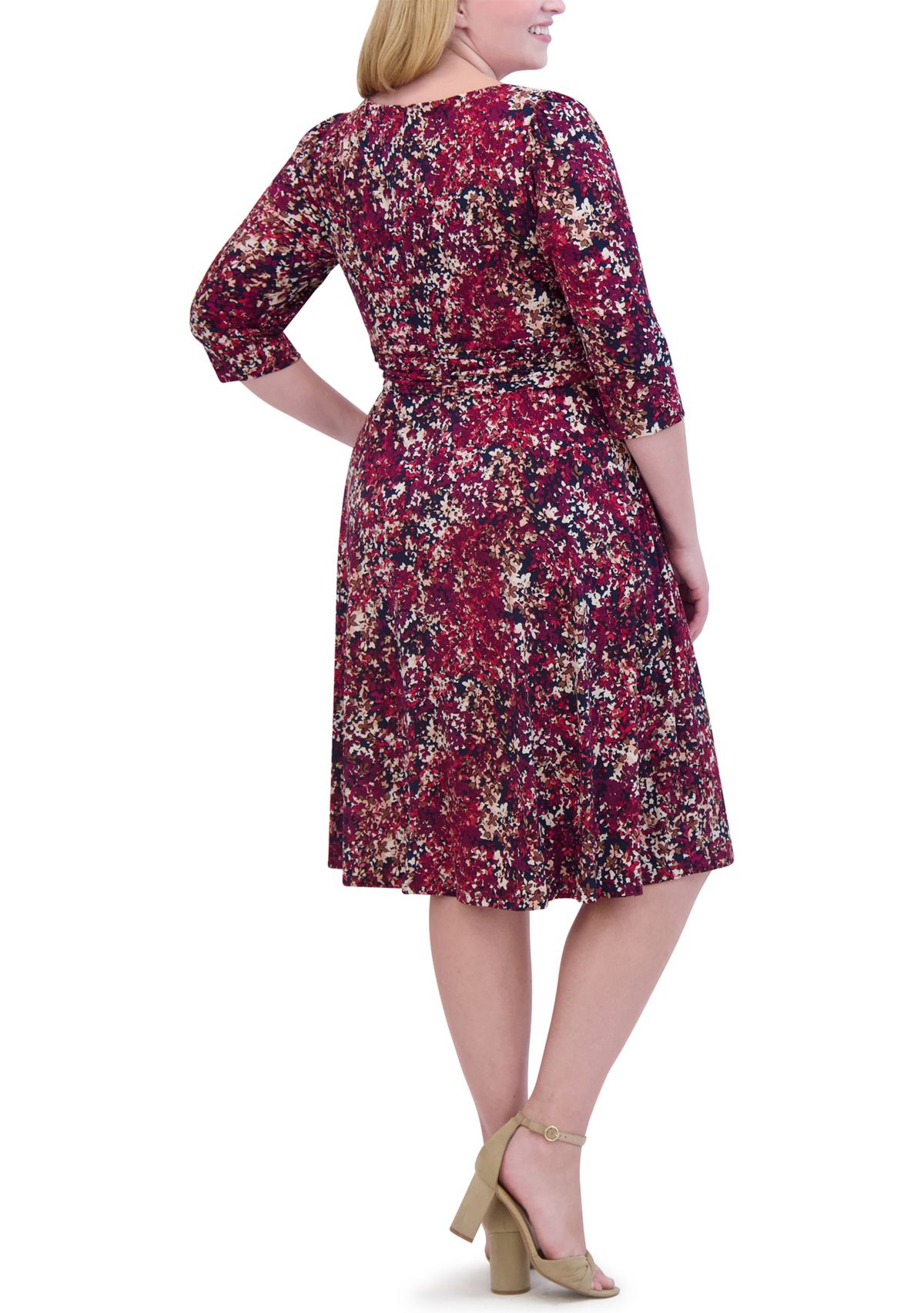 Plus Size Ruched Sleeve Printed Keyhole Dress