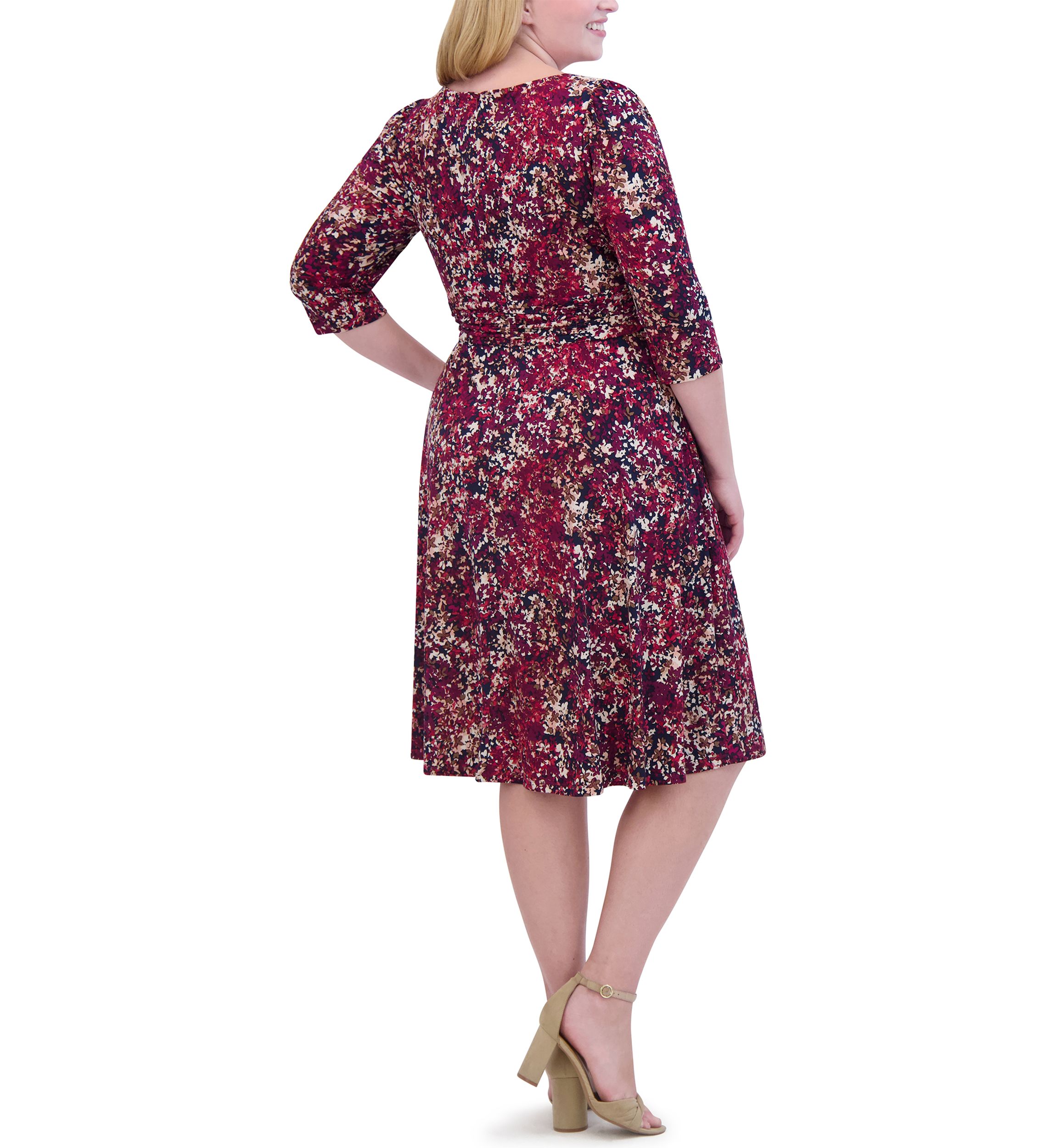 Plus Size Ruched Sleeve Printed Keyhole Dress