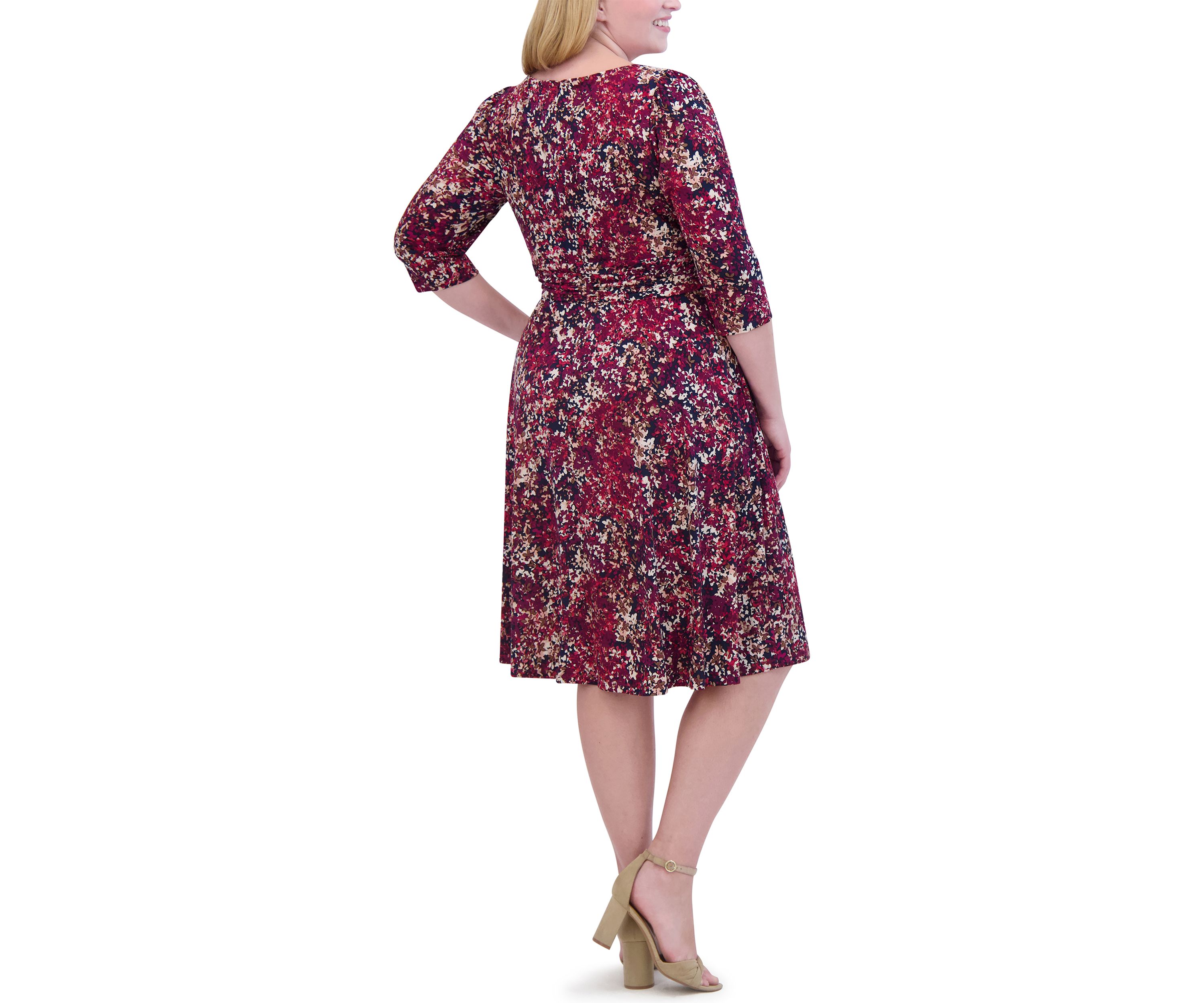Plus Size Ruched Sleeve Printed Keyhole Dress