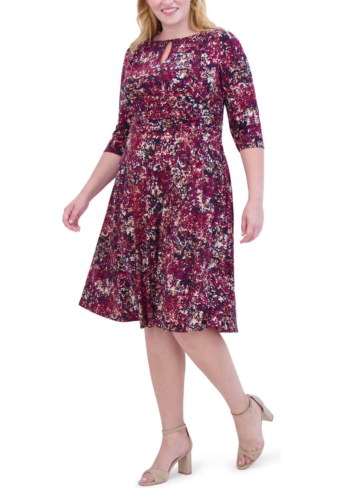 Plus Size Ruched Sleeve Printed Keyhole Dress