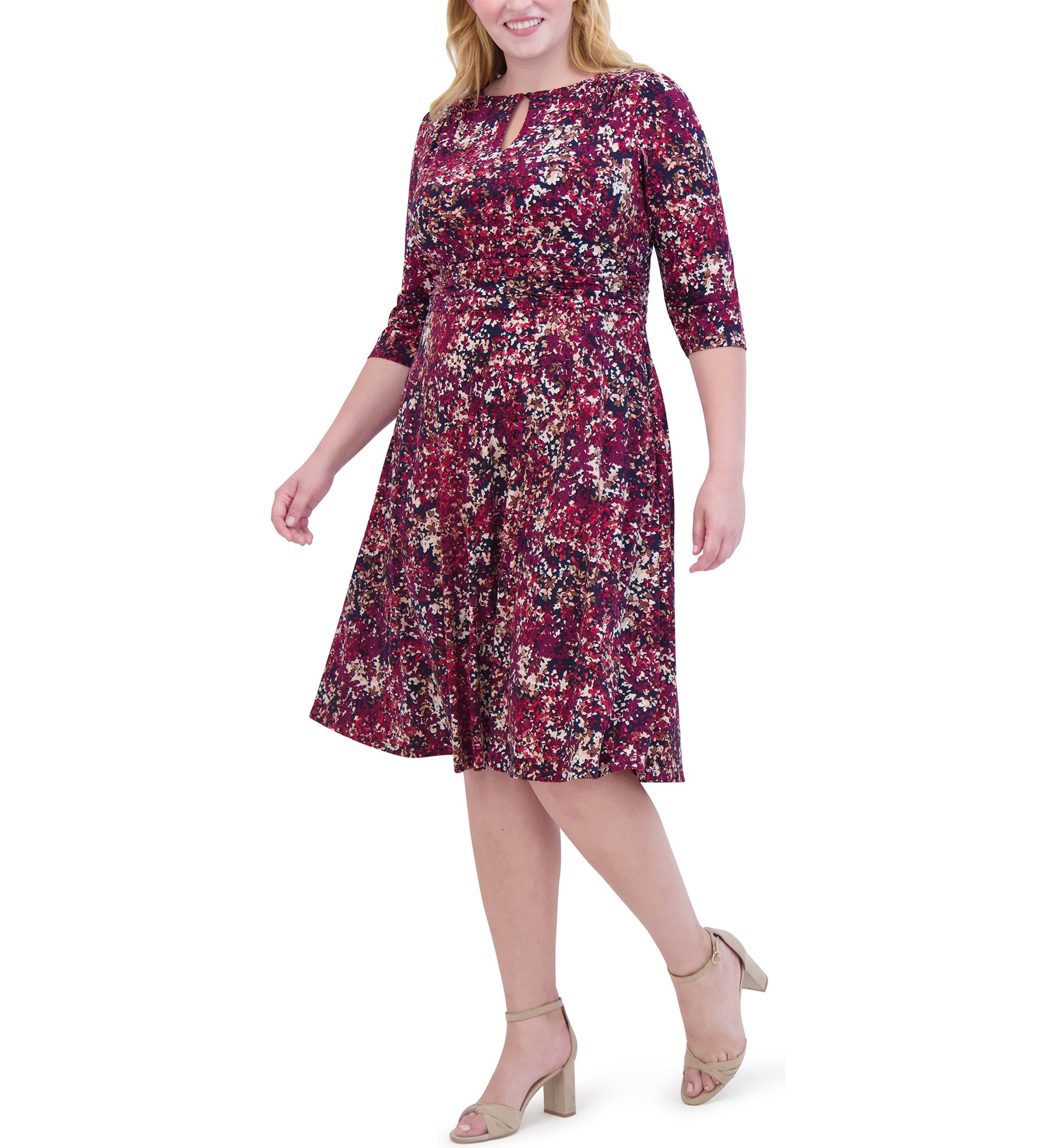 Plus Size Ruched Sleeve Printed Keyhole Dress