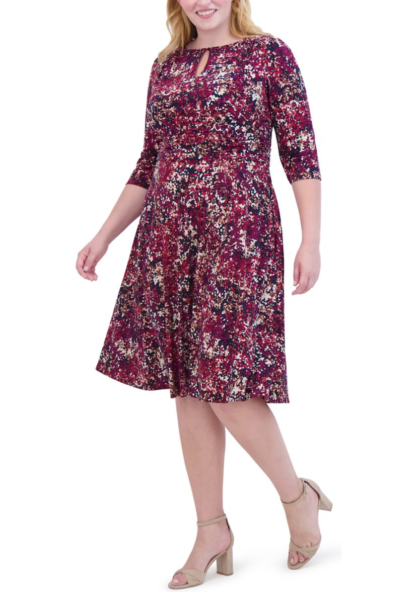 Plus Size Ruched Sleeve Printed Keyhole Dress