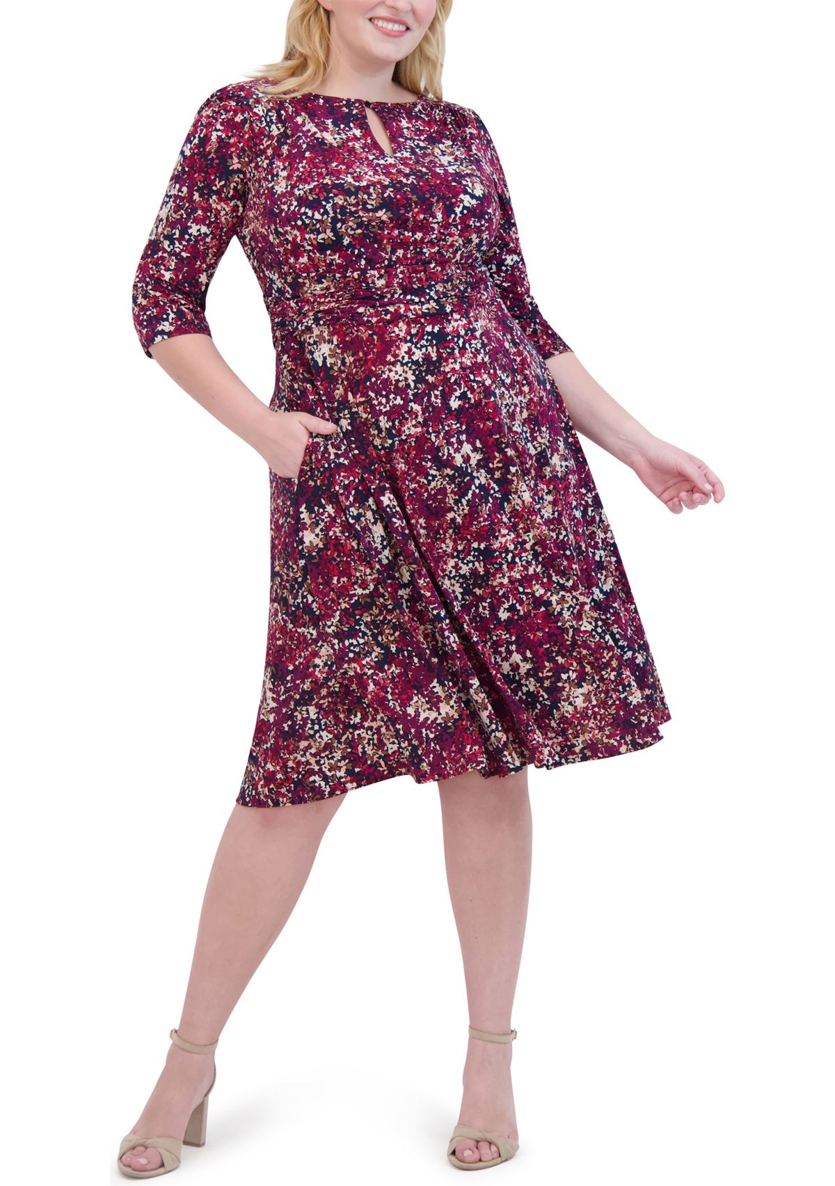 Plus Size Ruched Sleeve Printed Keyhole Dress