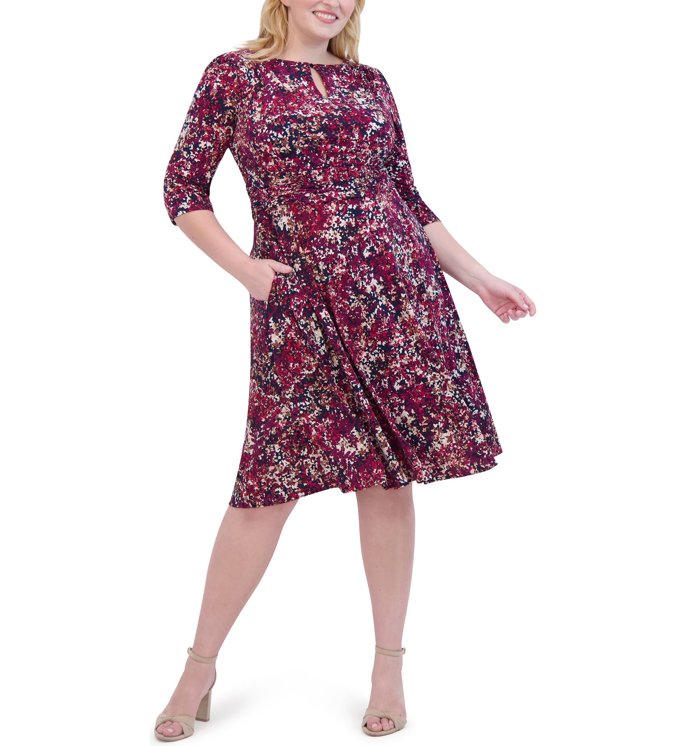 Plus Size Ruched Sleeve Printed Keyhole Dress