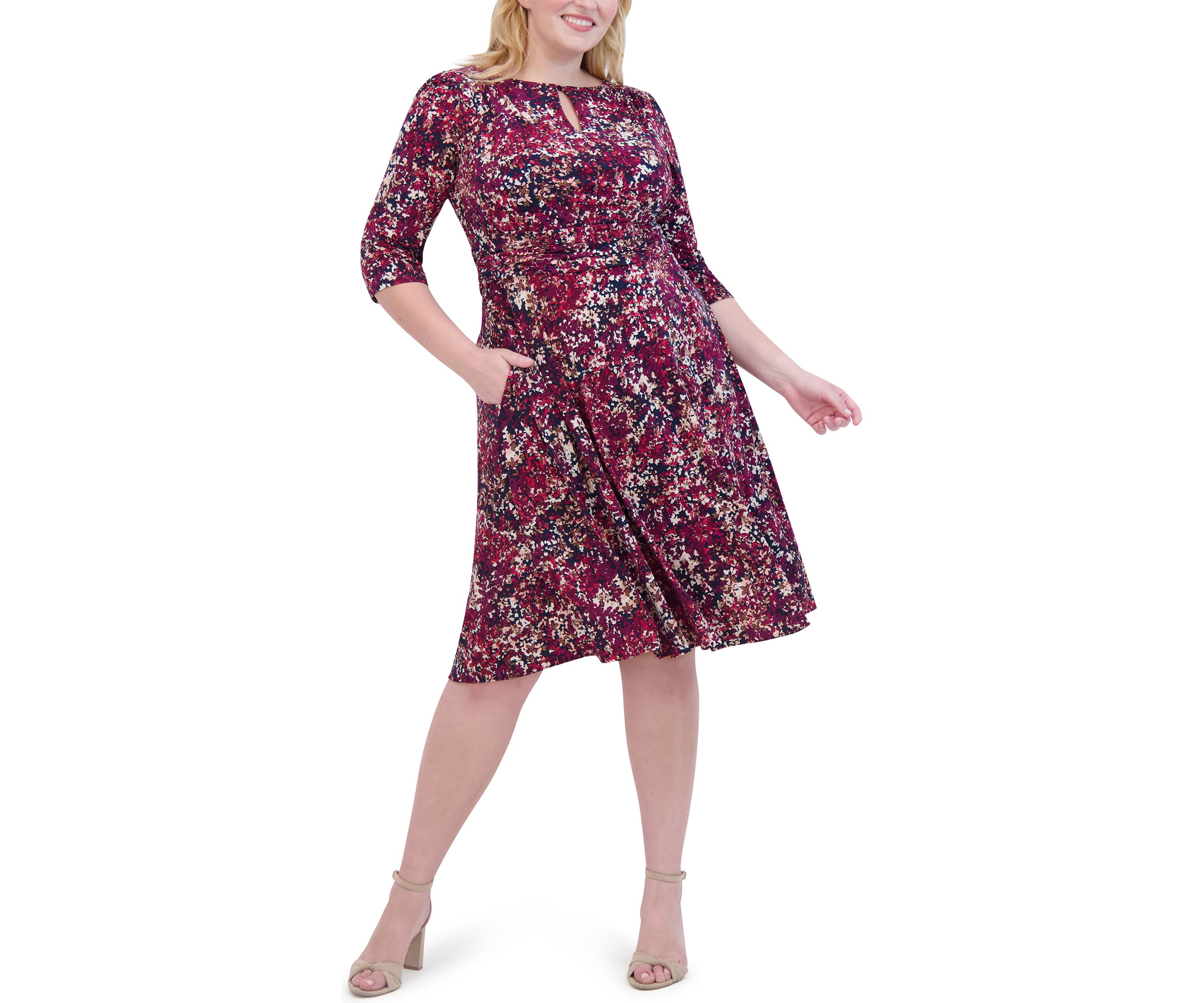 Plus Size Ruched Sleeve Printed Keyhole Dress