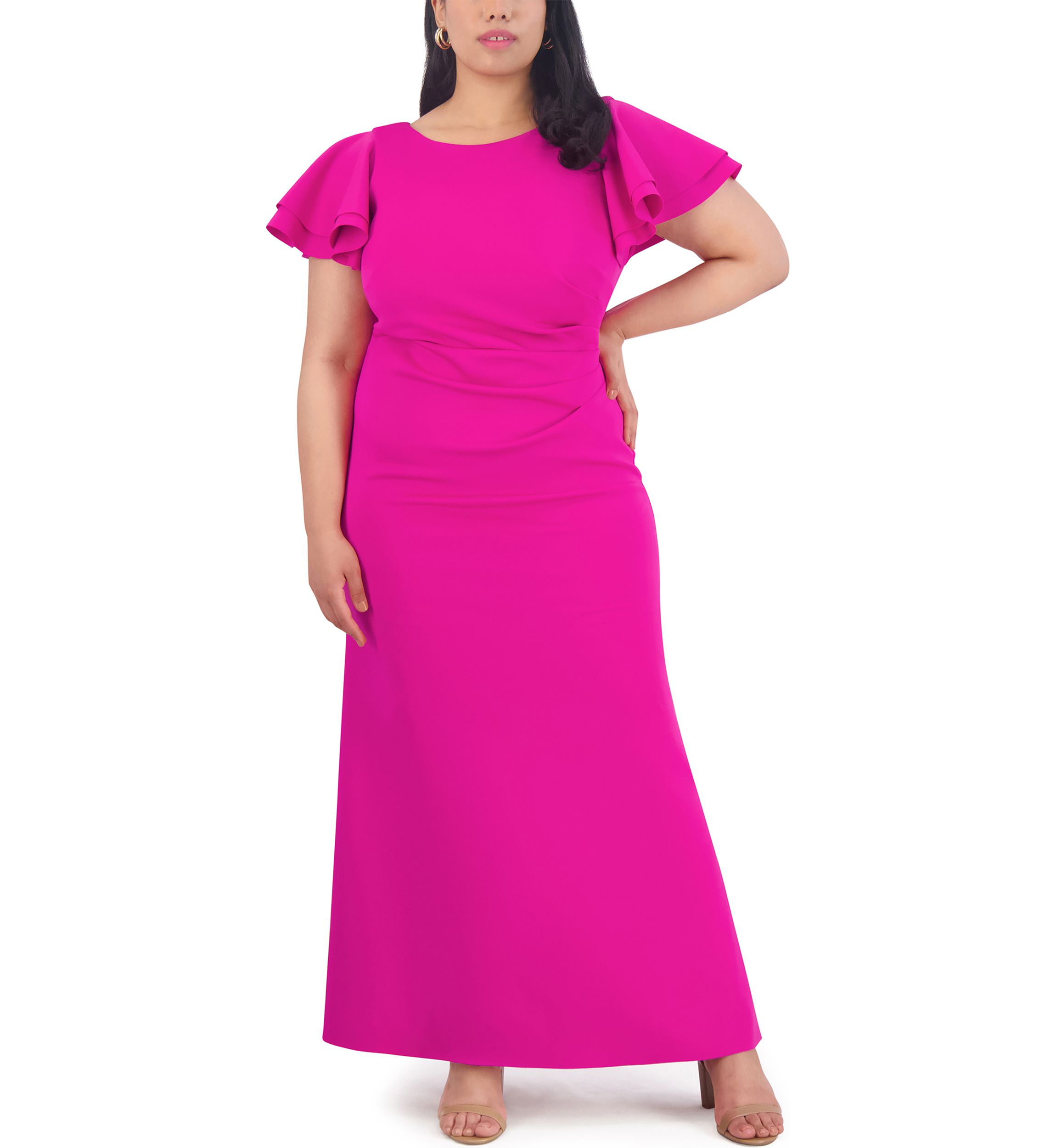 Plus Size Short Ruffle Sleeve Side Ruched Solid Gown