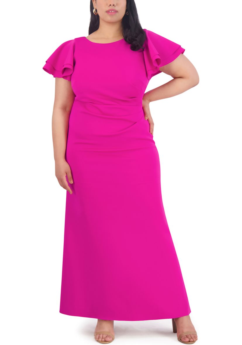 Plus Size Short Ruffle Sleeve Side Ruched Solid Gown