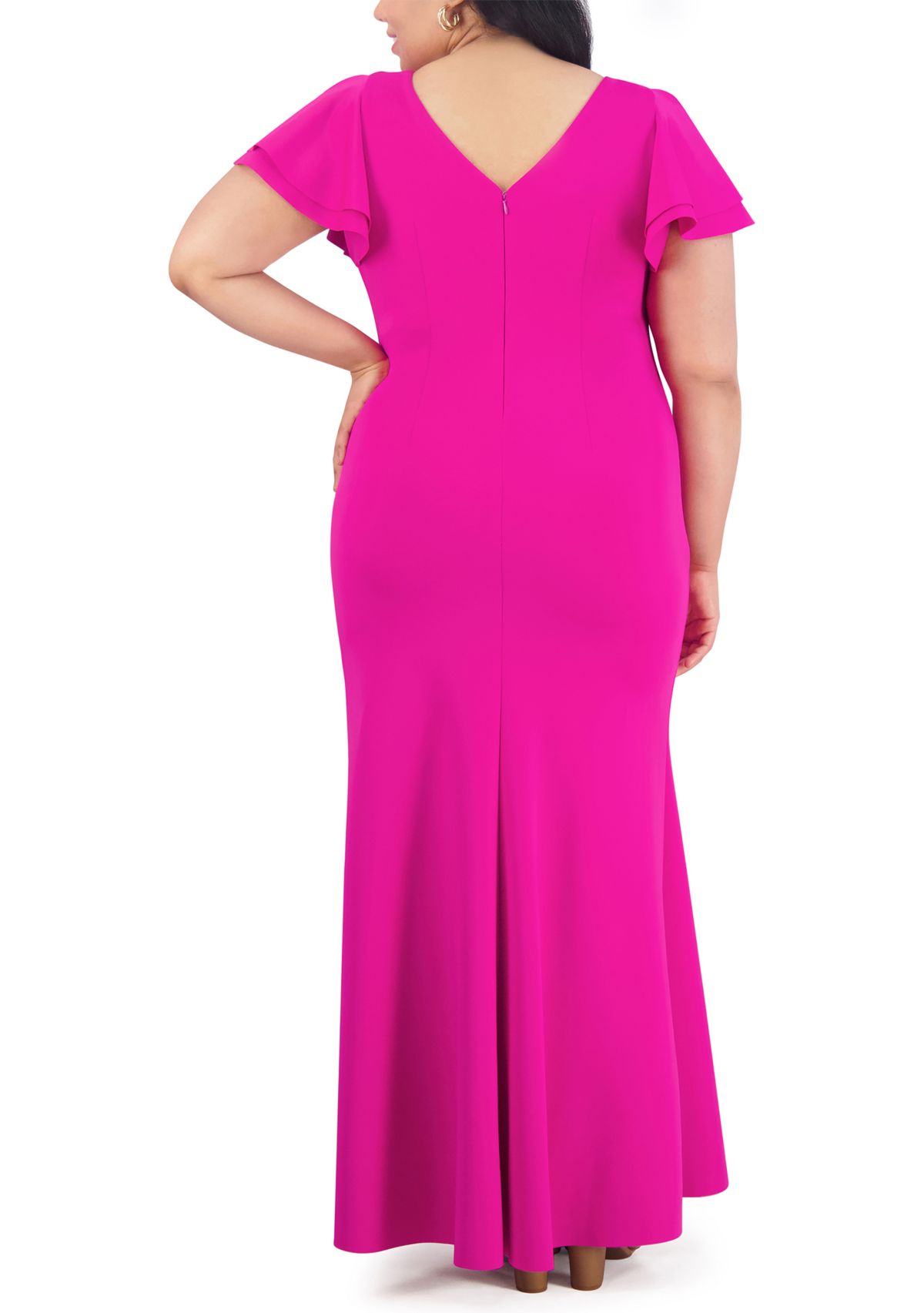 Plus Size Short Ruffle Sleeve Side Ruched Solid Gown