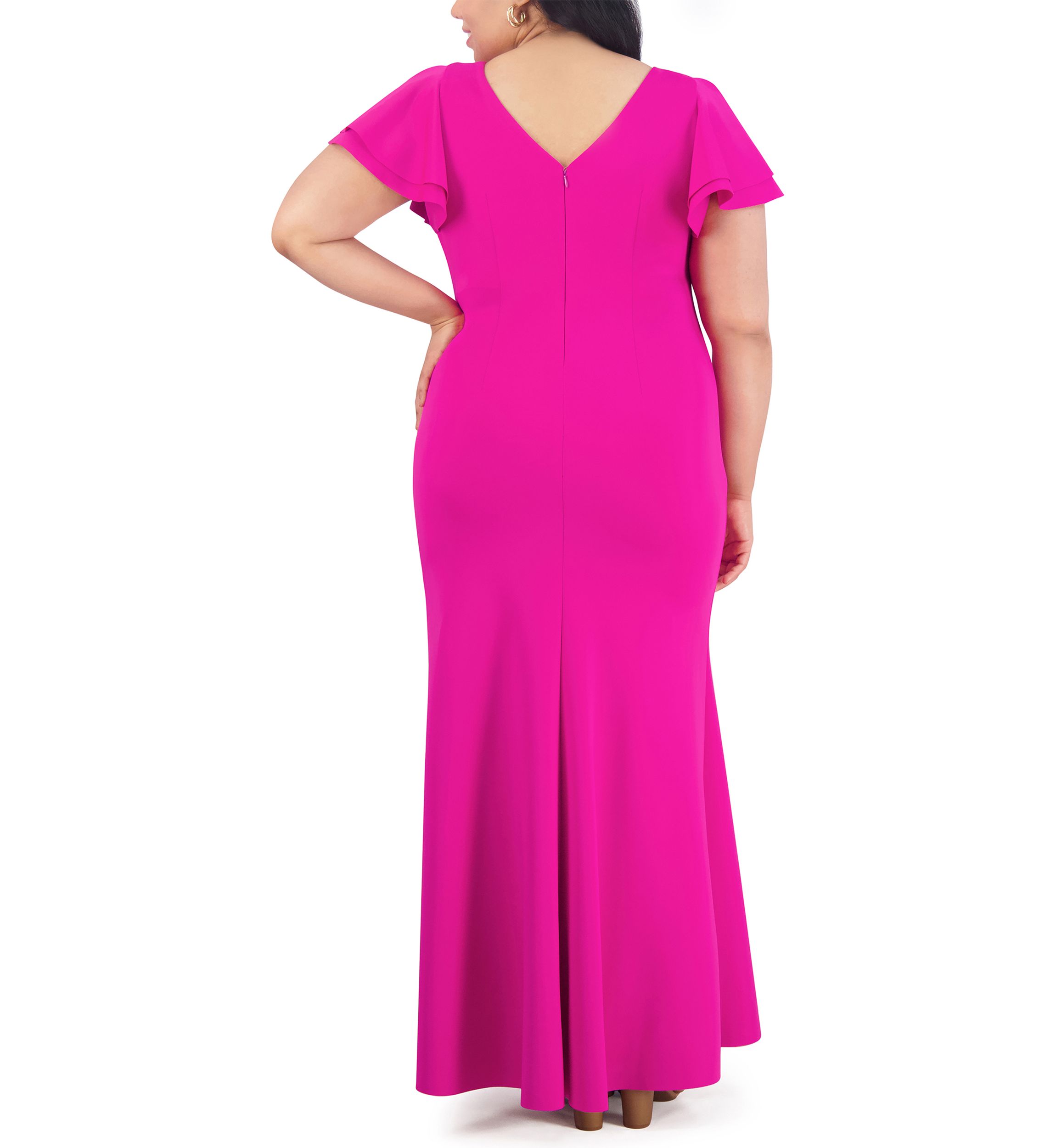 Plus Size Short Ruffle Sleeve Side Ruched Solid Gown